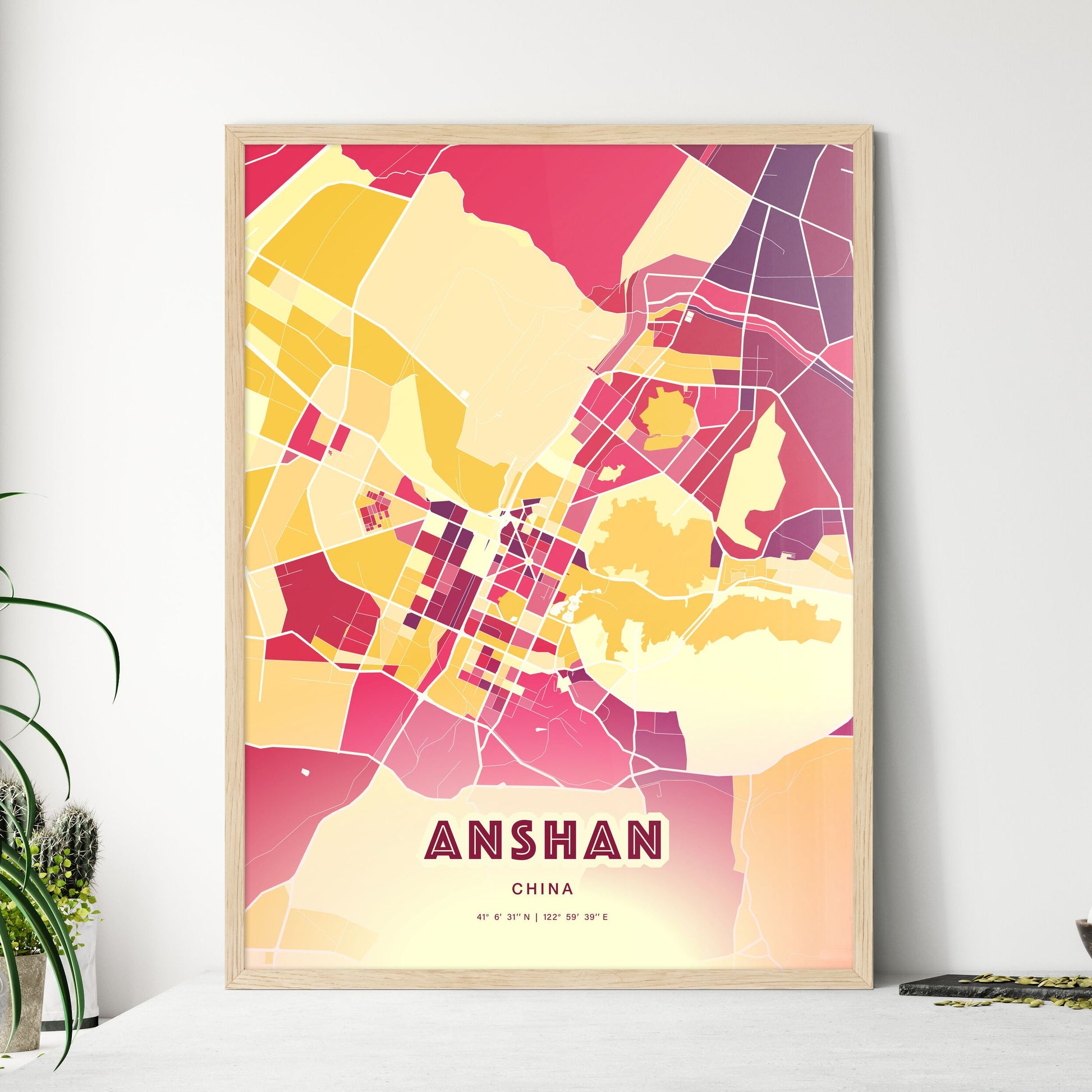 Colorful ANSHAN CHINA Fine Art Map Hot Red