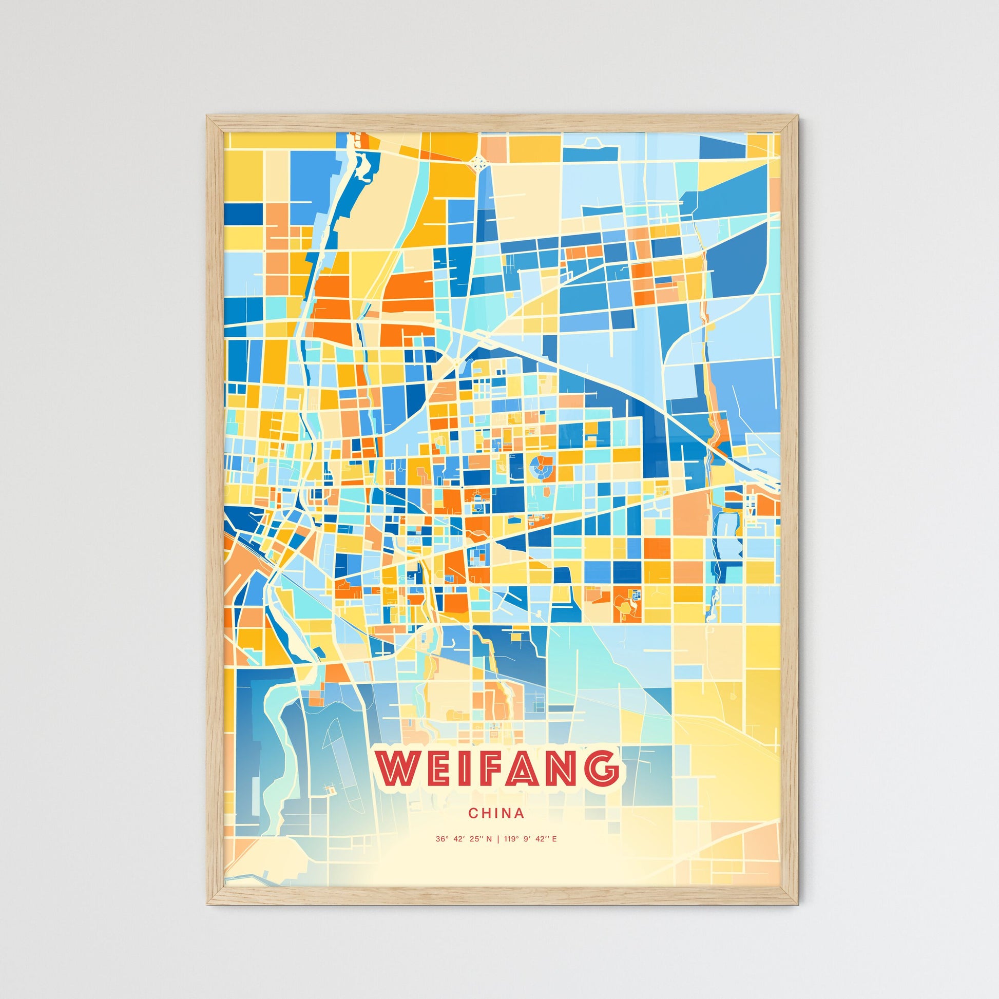 Colorful WEIFANG CHINA Fine Art Map Blue Orange