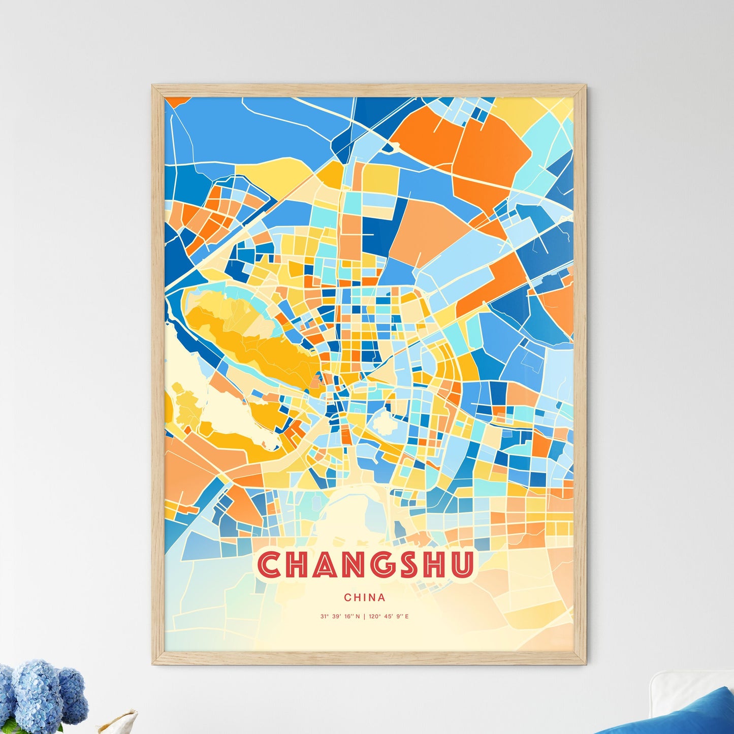 Colorful CHANGSHU CHINA Fine Art Map Blue Orange