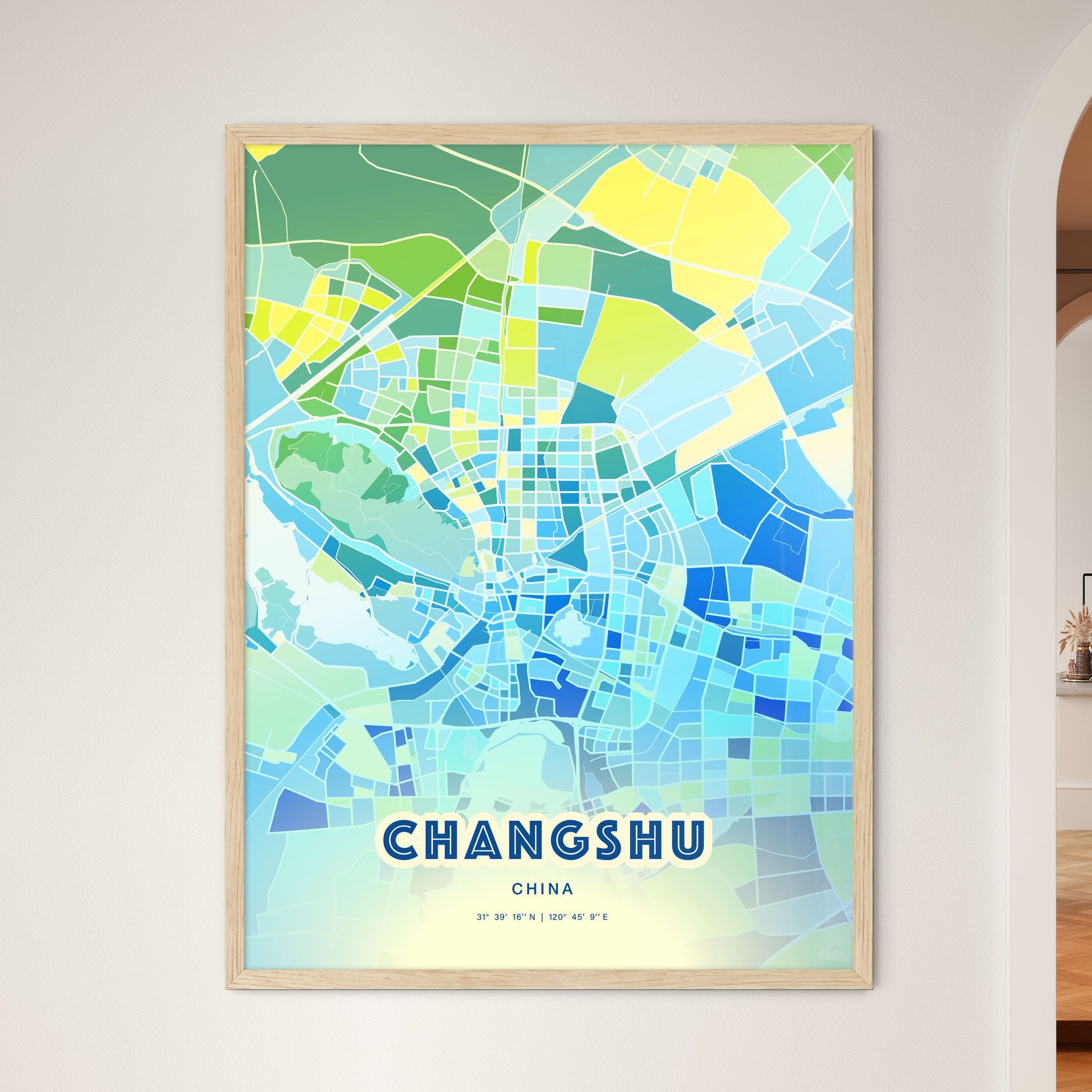 Colorful CHANGSHU CHINA Fine Art Map Cool Blue