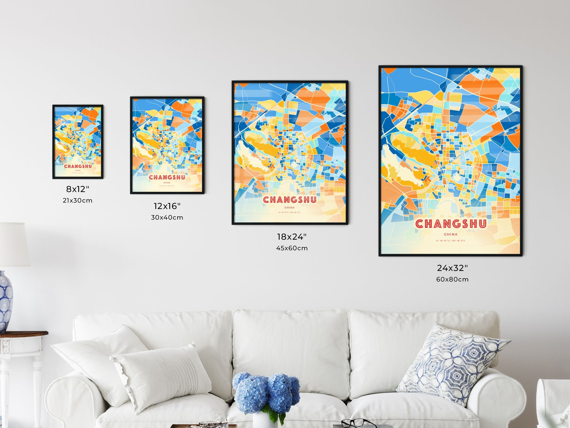 Colorful CHANGSHU CHINA Fine Art Map Blue Orange