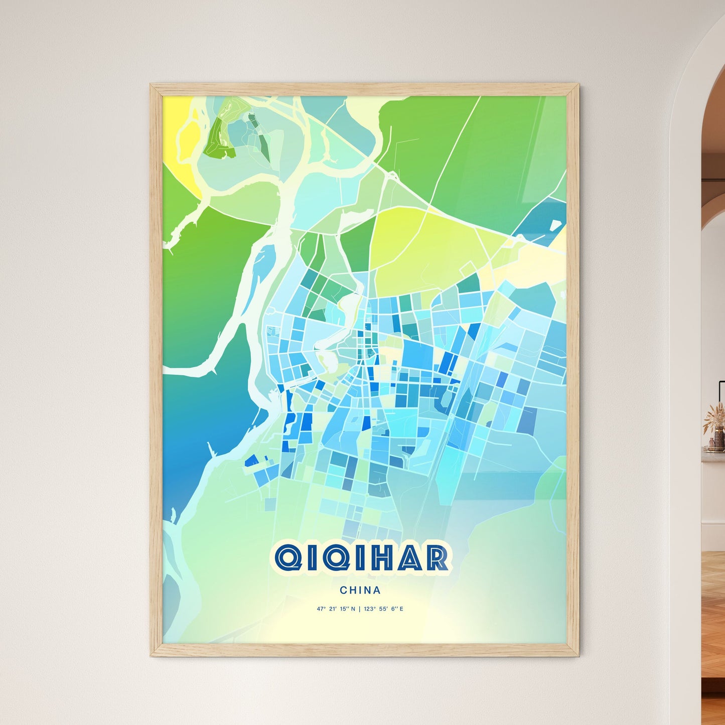 Colorful QIQIHAR CHINA Fine Art Map Cool Blue