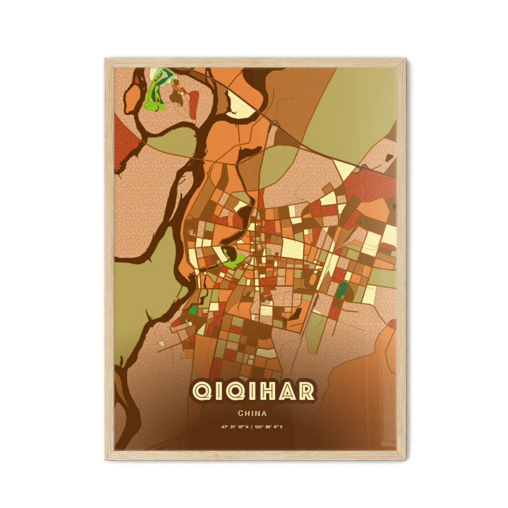 Colorful QIQIHAR CHINA Fine Art Map Farmhouse