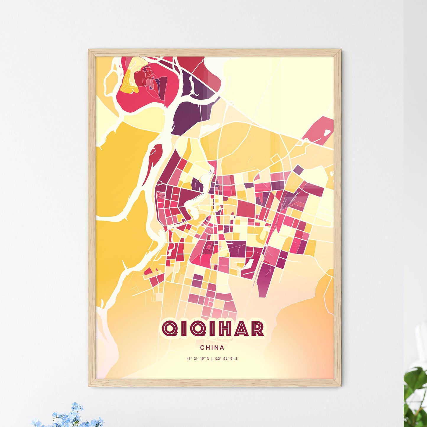 Colorful QIQIHAR CHINA Fine Art Map Hot Red