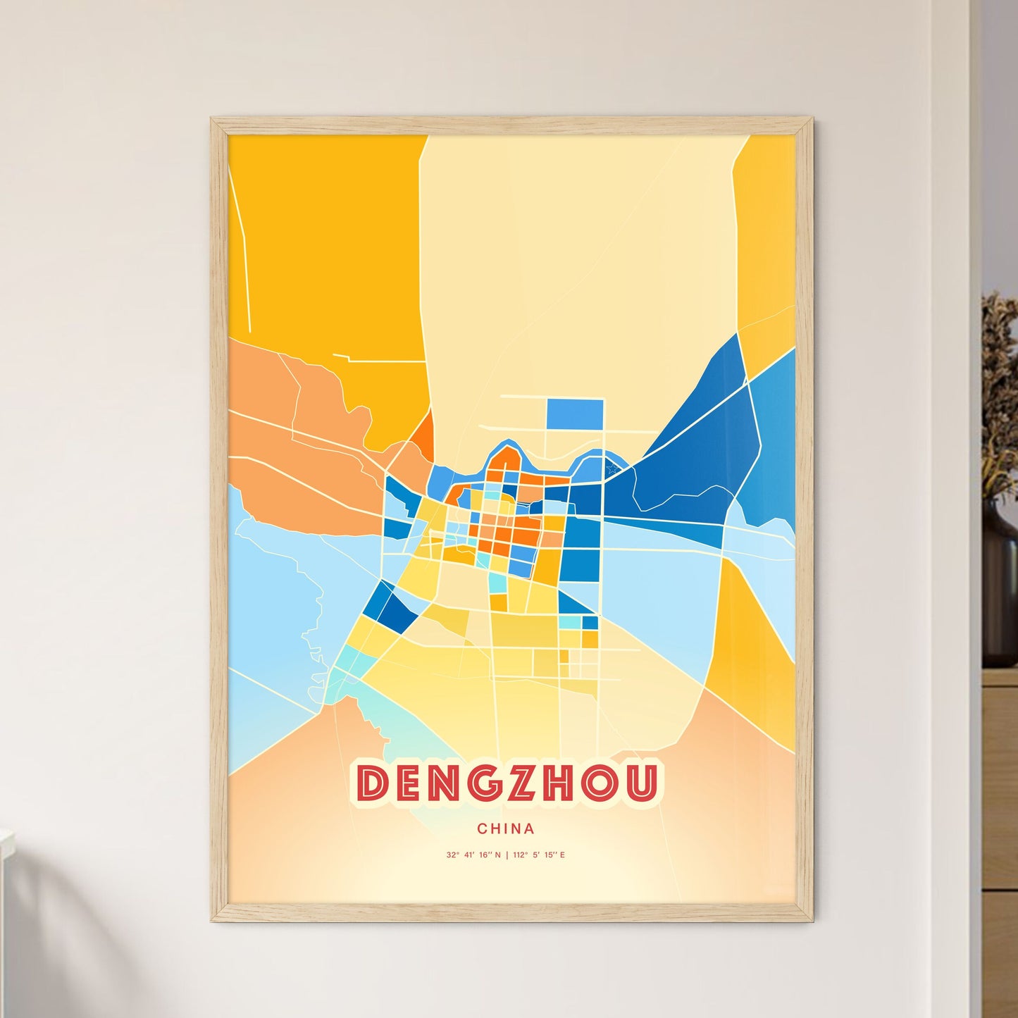 Colorful DENGZHOU CHINA Fine Art Map Blue Orange