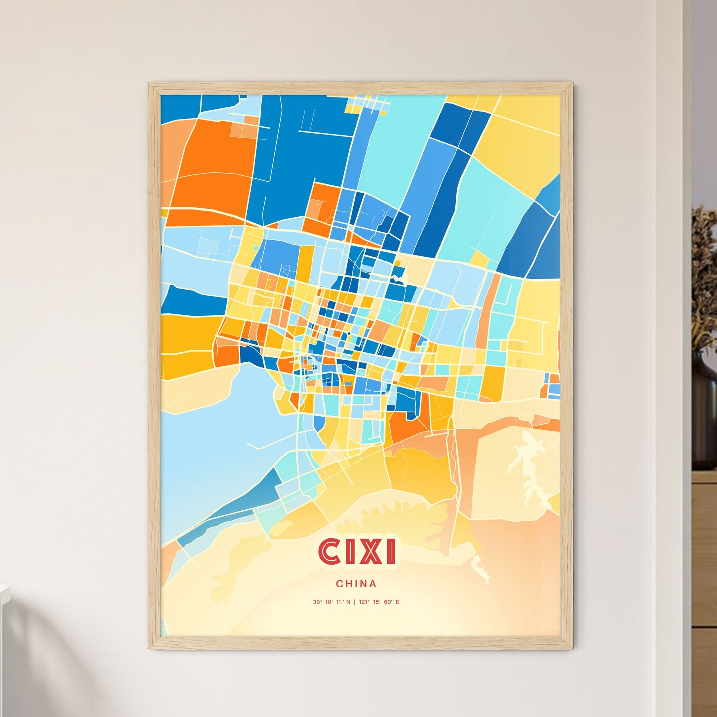 Colorful CIXI CHINA Fine Art Map Blue Orange