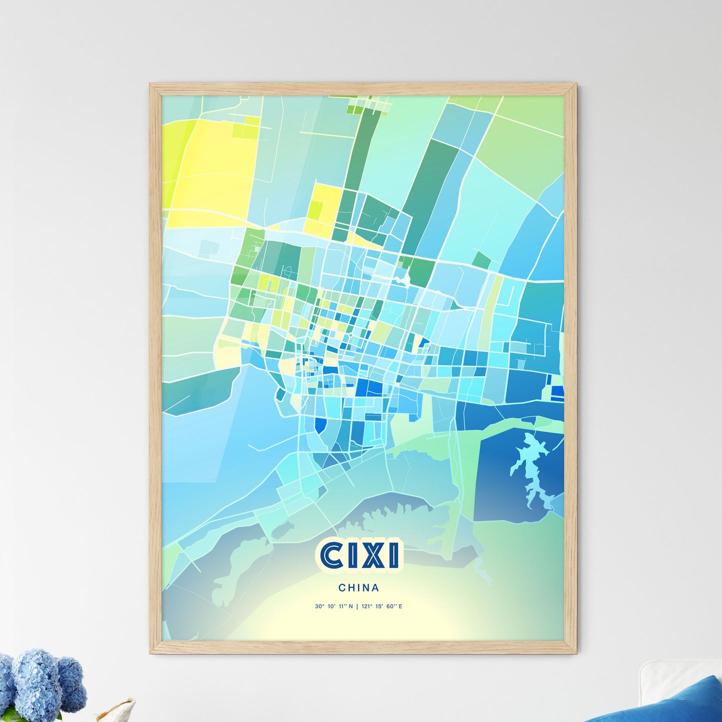 Colorful CIXI CHINA Fine Art Map Cool Blue