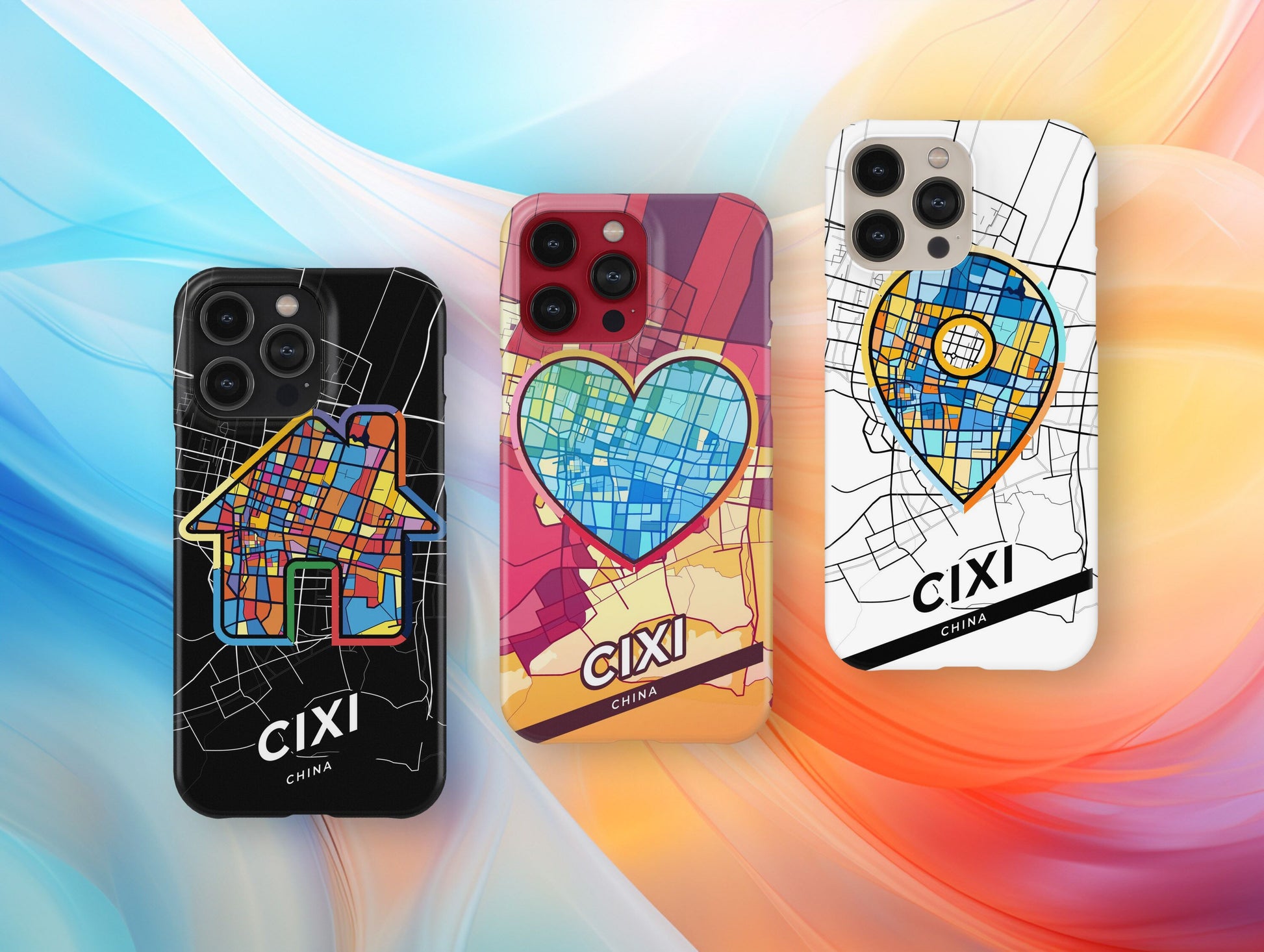Cixi China slim phone case with colorful icon. Birthday, wedding or housewarming gift. Couple match cases.