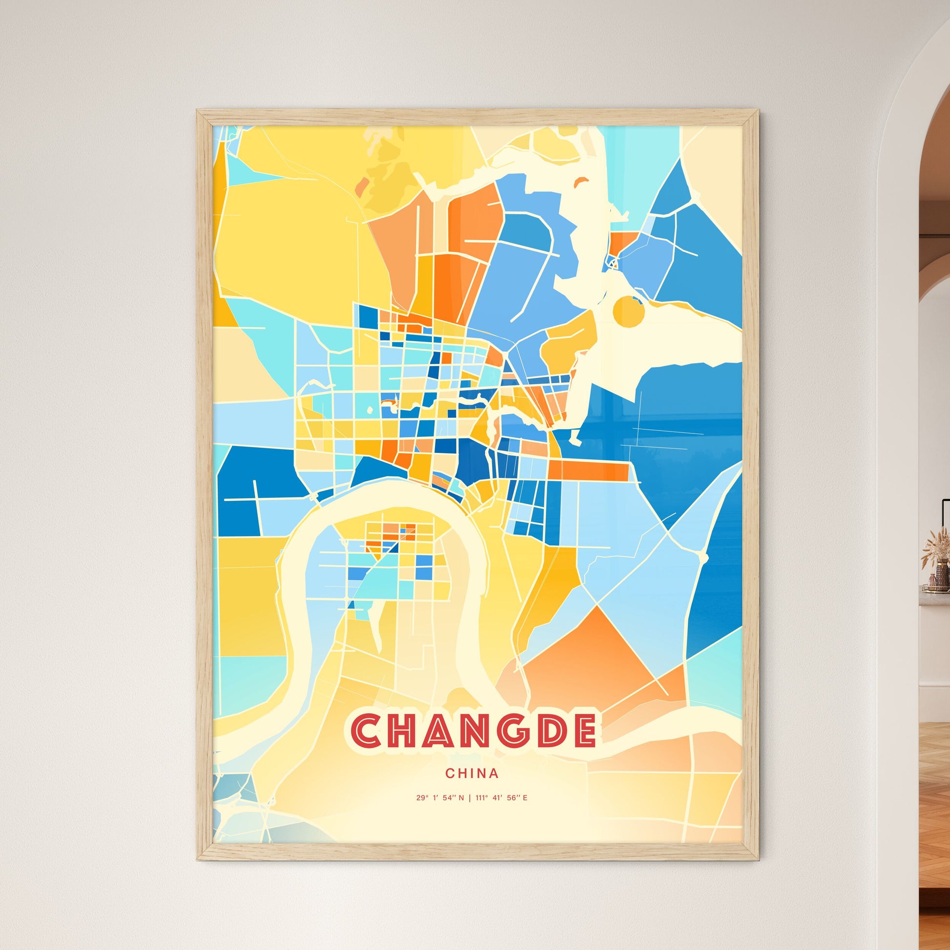 Colorful CHANGDE CHINA Fine Art Map Blue Orange