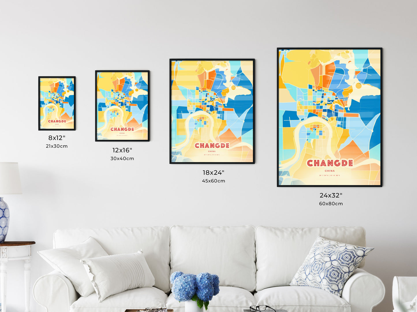 Colorful CHANGDE CHINA Fine Art Map Blue Orange