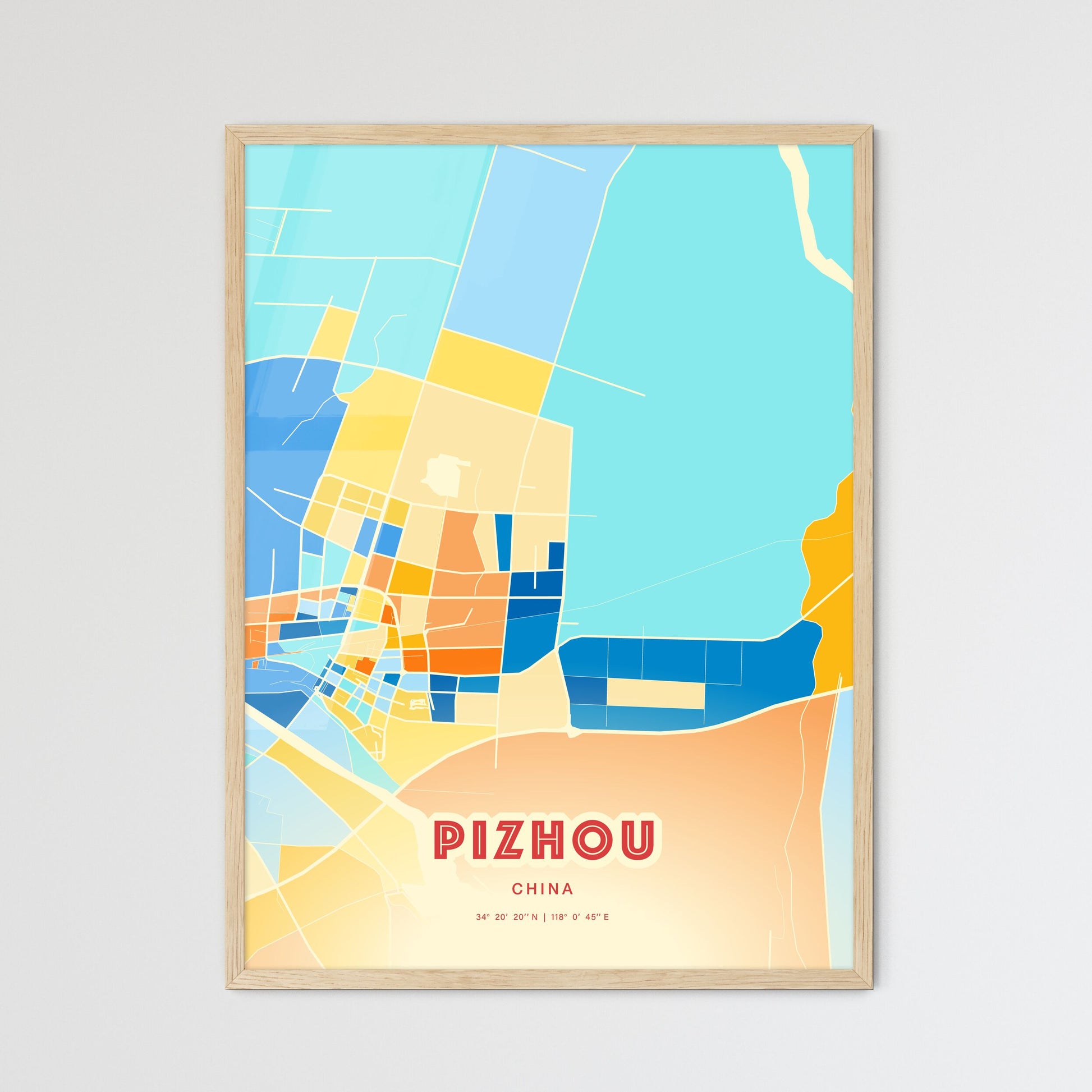 Colorful PIZHOU CHINA Fine Art Map Blue Orange