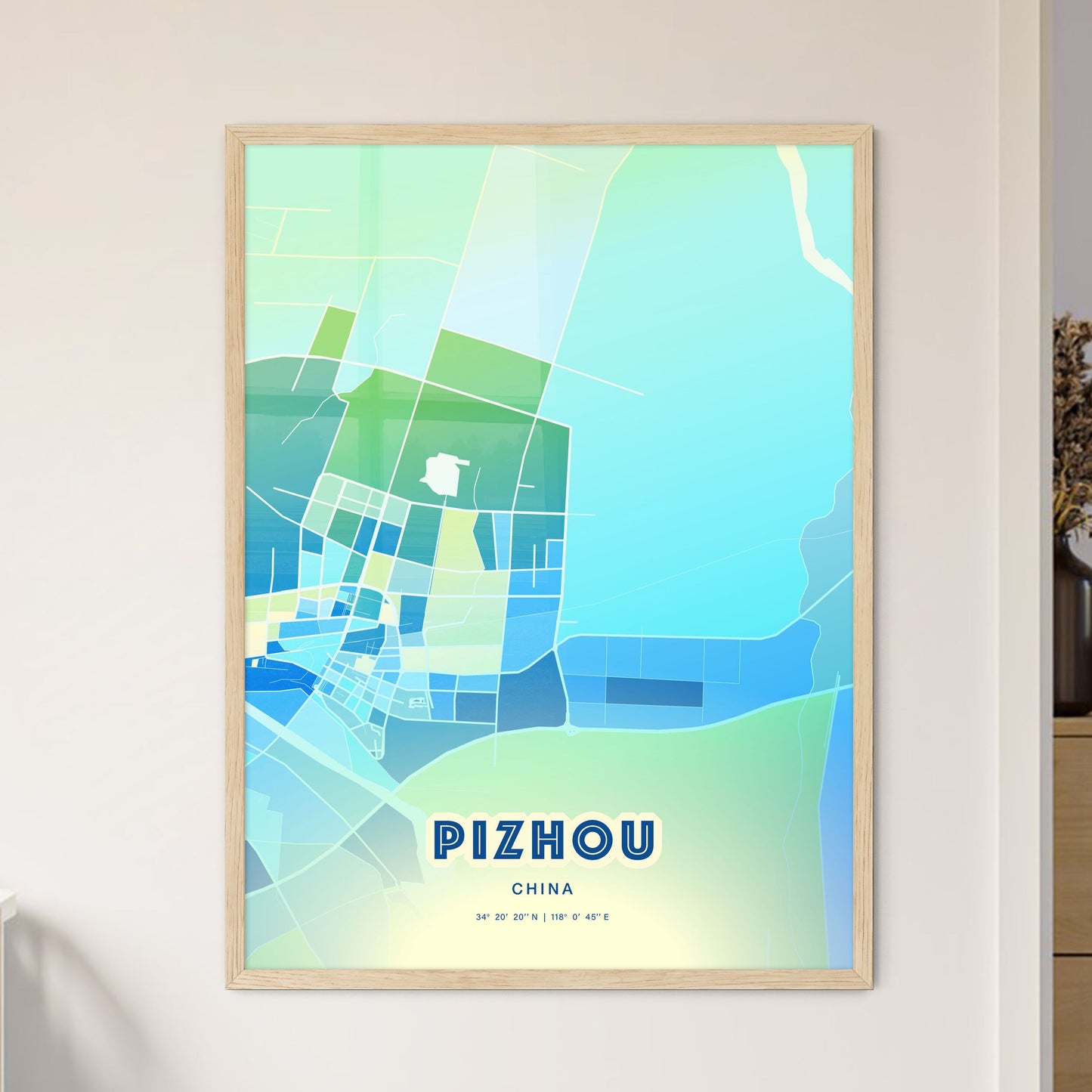 Colorful PIZHOU CHINA Fine Art Map Cool Blue