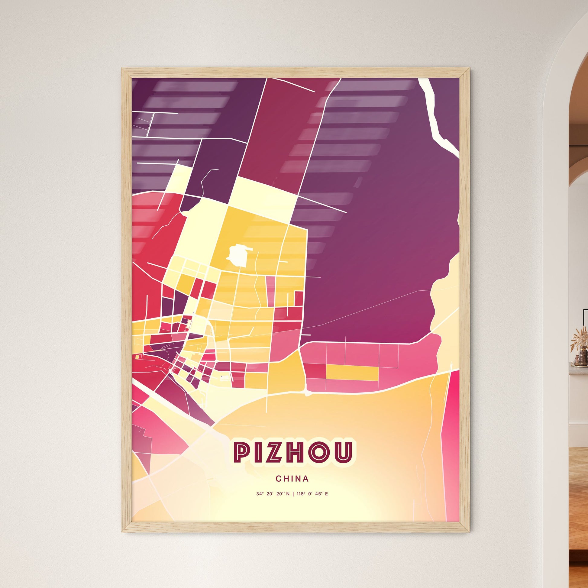 Colorful PIZHOU CHINA Fine Art Map Hot Red