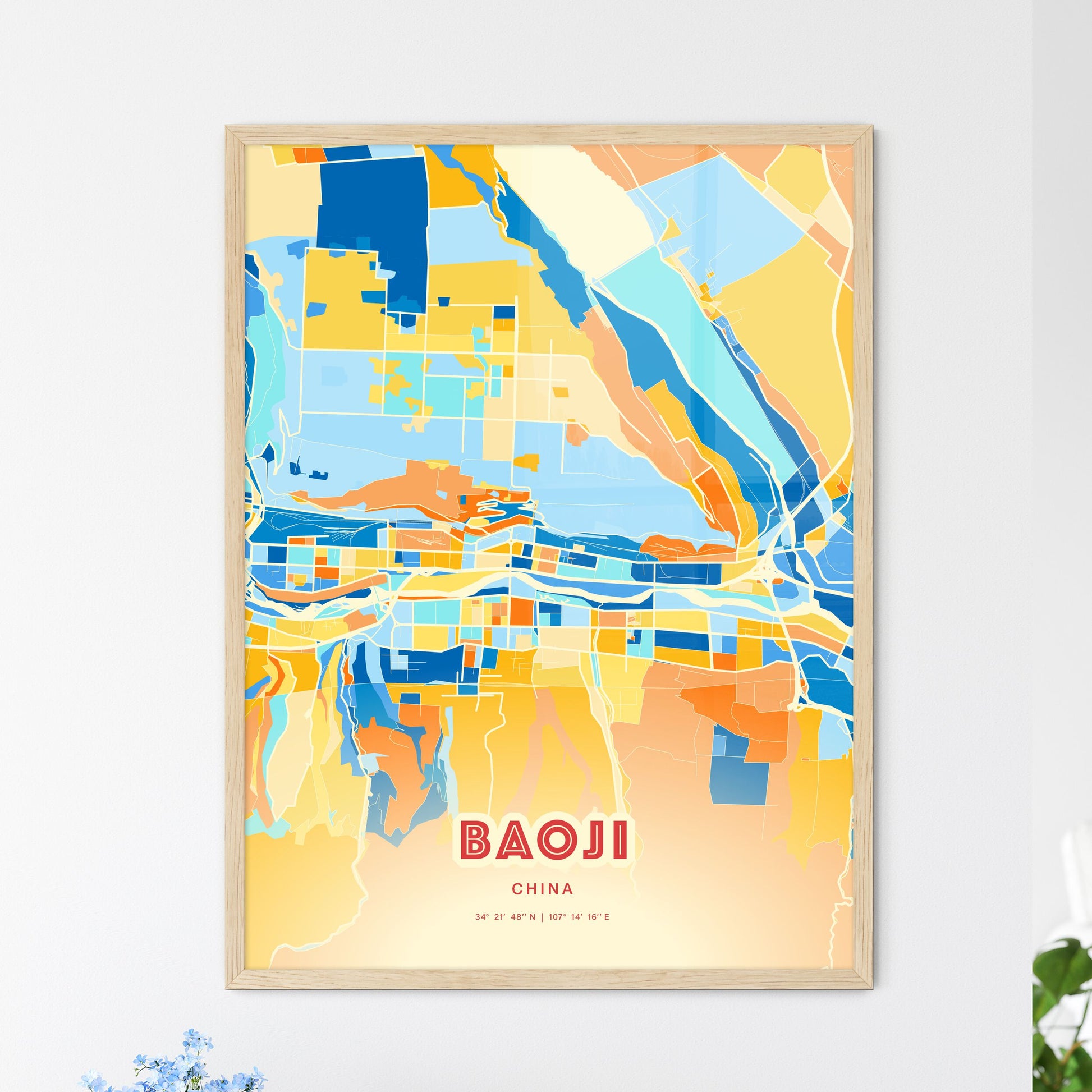 Colorful BAOJI CHINA Fine Art Map Blue Orange