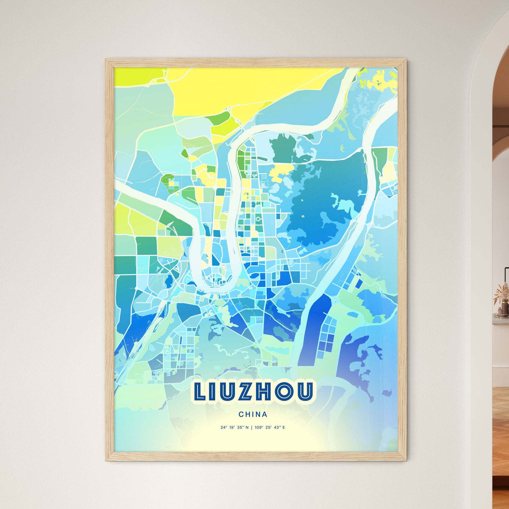 Colorful LIUZHOU CHINA Fine Art Map Cool Blue