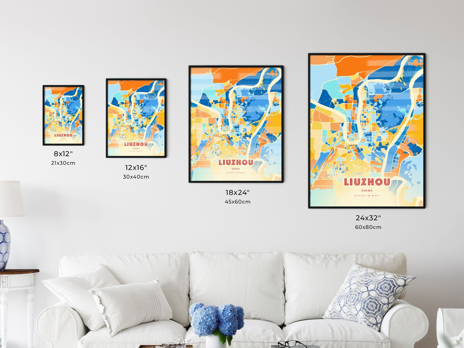 Colorful LIUZHOU CHINA Fine Art Map Blue Orange