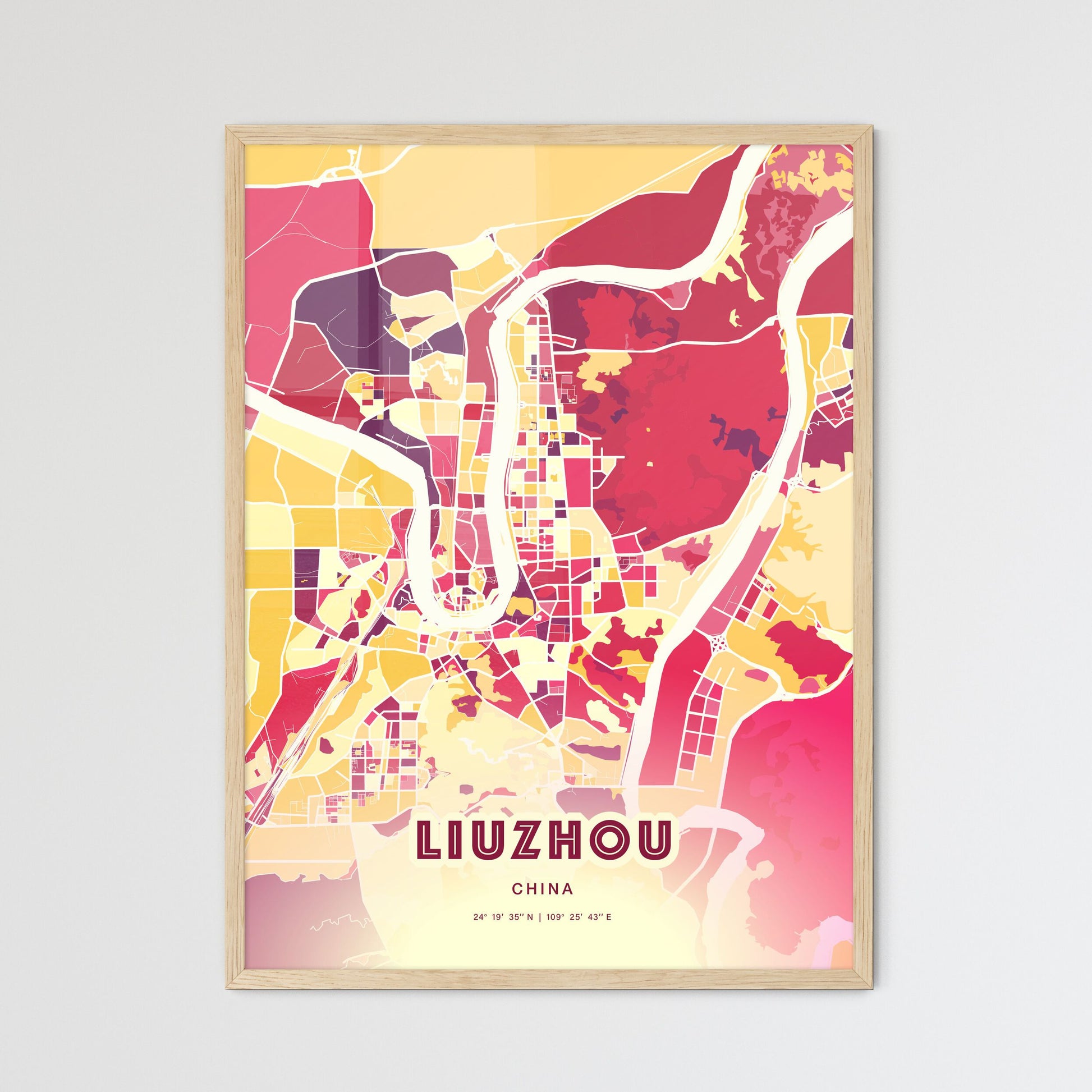 Colorful LIUZHOU CHINA Fine Art Map Hot Red