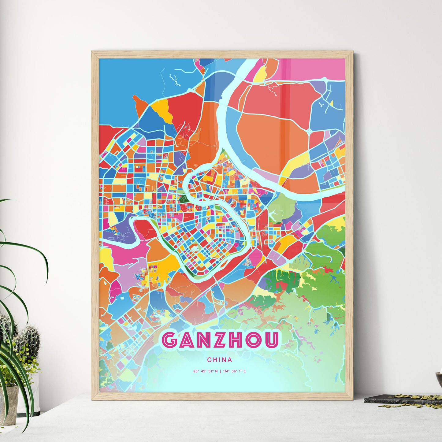 Colorful GANZHOU CHINA Fine Art Map Crazy Colors
