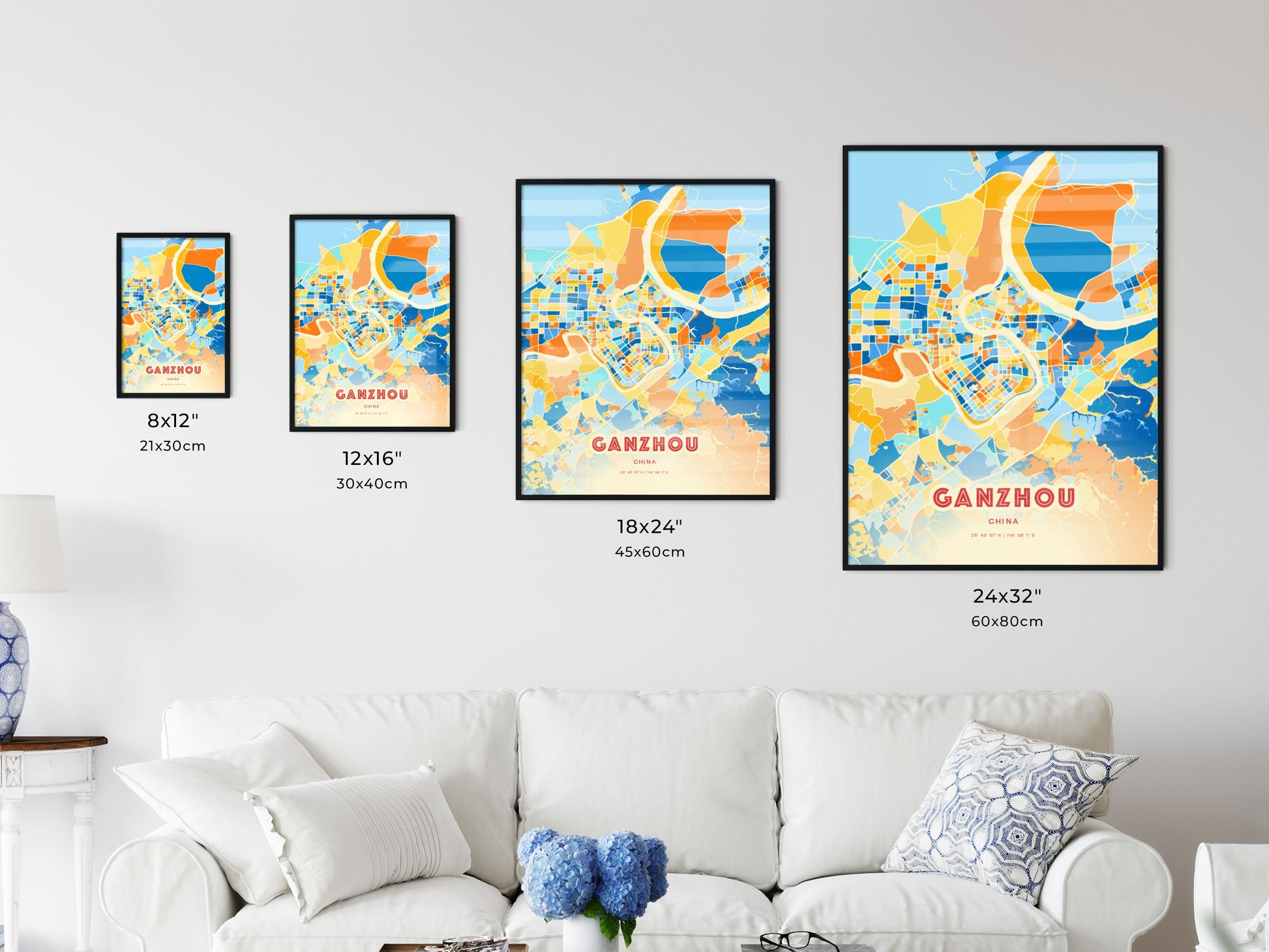 Colorful GANZHOU CHINA Fine Art Map Blue Orange