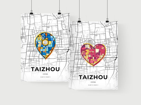 TAIZHOU CHINA minimal art map with a colorful icon. Where it all began, Couple map gift.