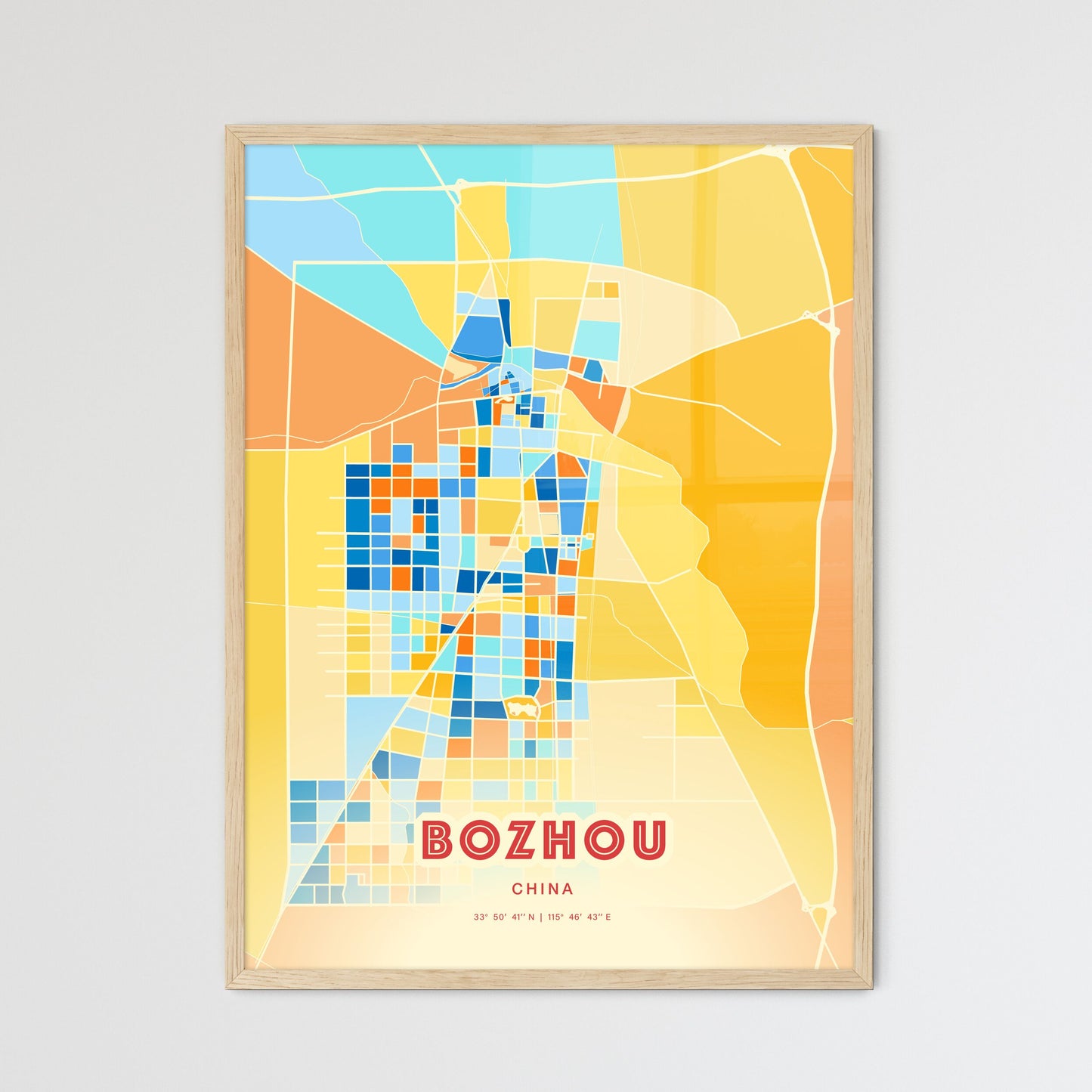 Colorful BOZHOU CHINA Fine Art Map Blue Orange