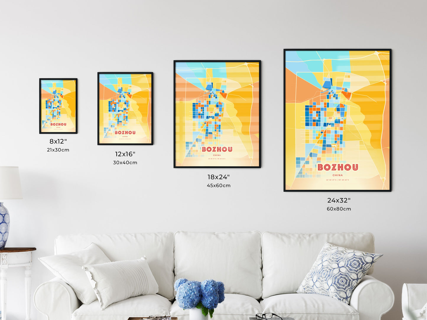 Colorful BOZHOU CHINA Fine Art Map Blue Orange