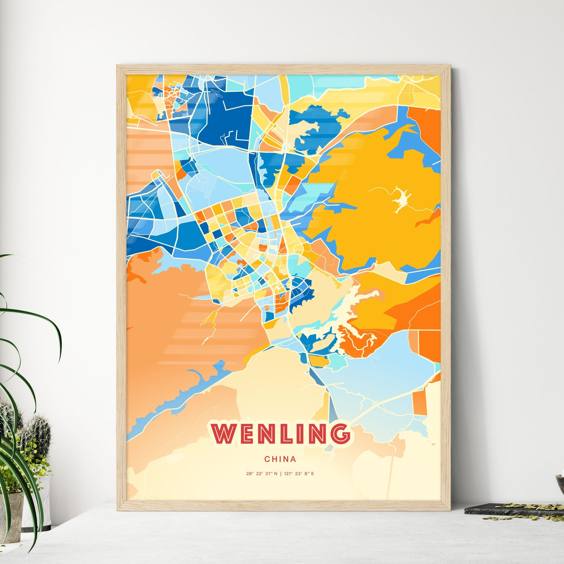 Colorful WENLING CHINA Fine Art Map Blue Orange