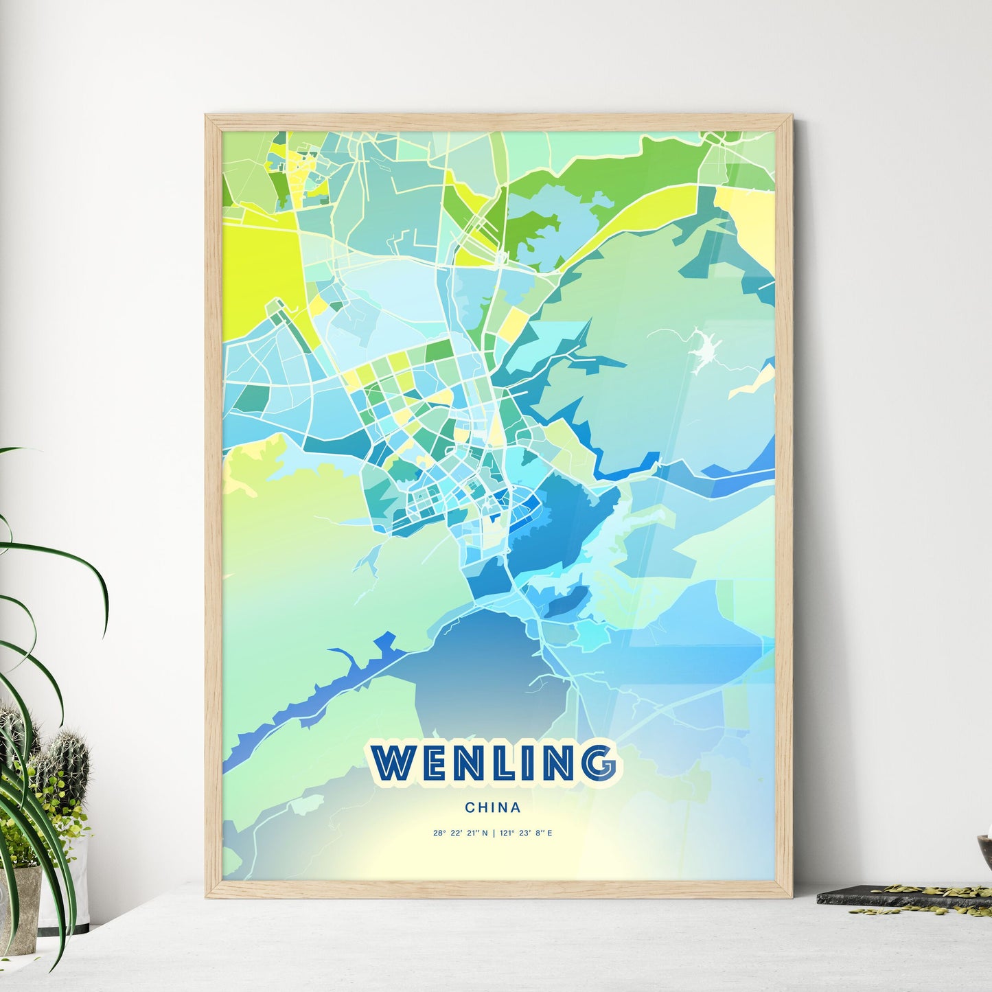 Colorful WENLING CHINA Fine Art Map Cool Blue