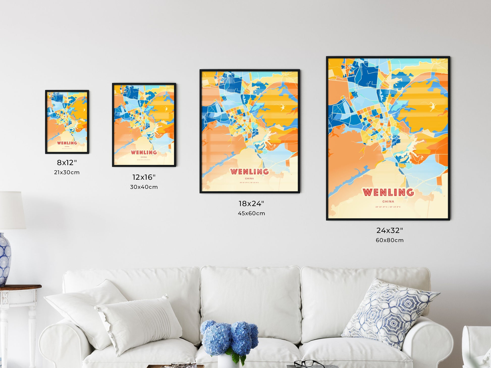 Colorful WENLING CHINA Fine Art Map Blue Orange