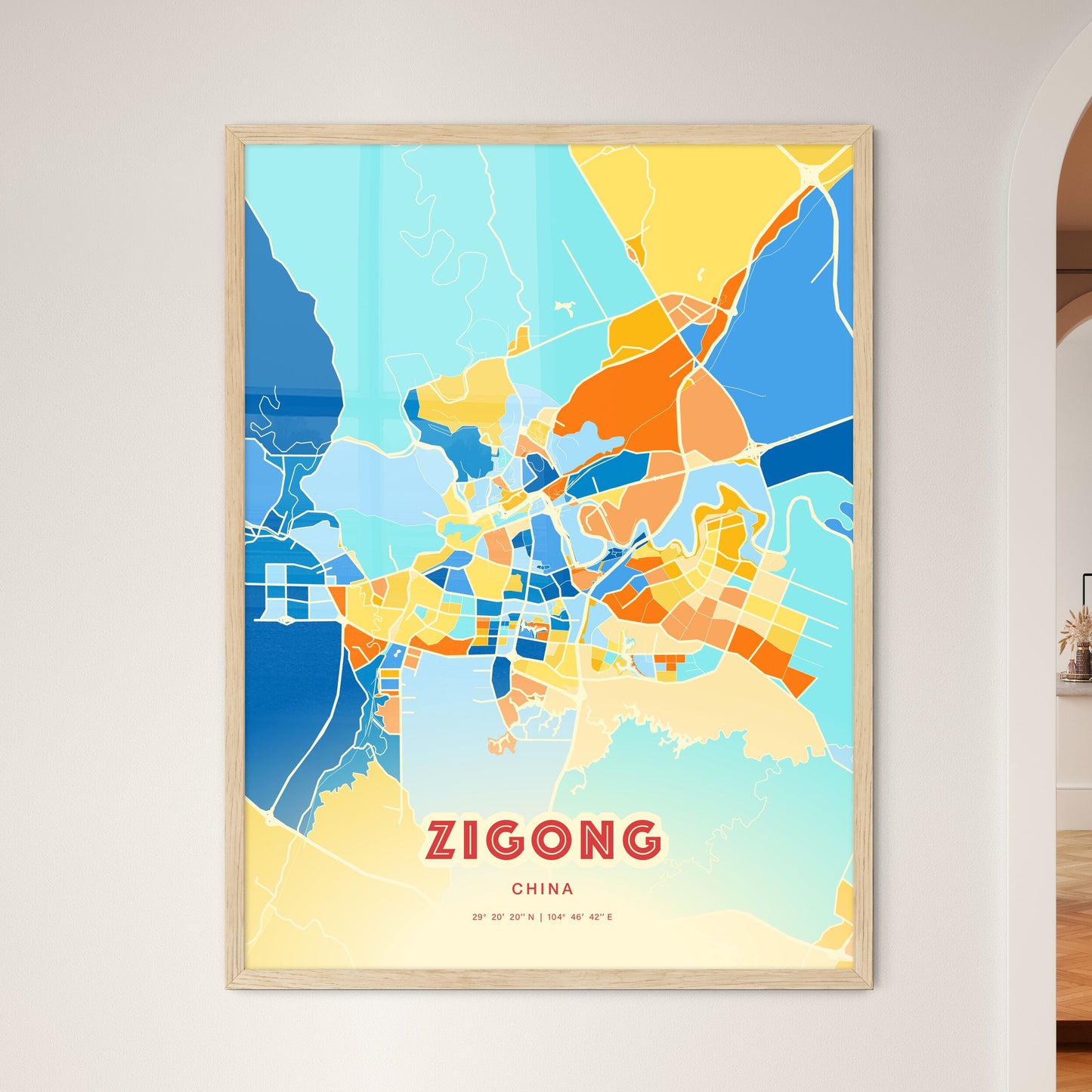 Colorful ZIGONG CHINA Fine Art Map Blue Orange