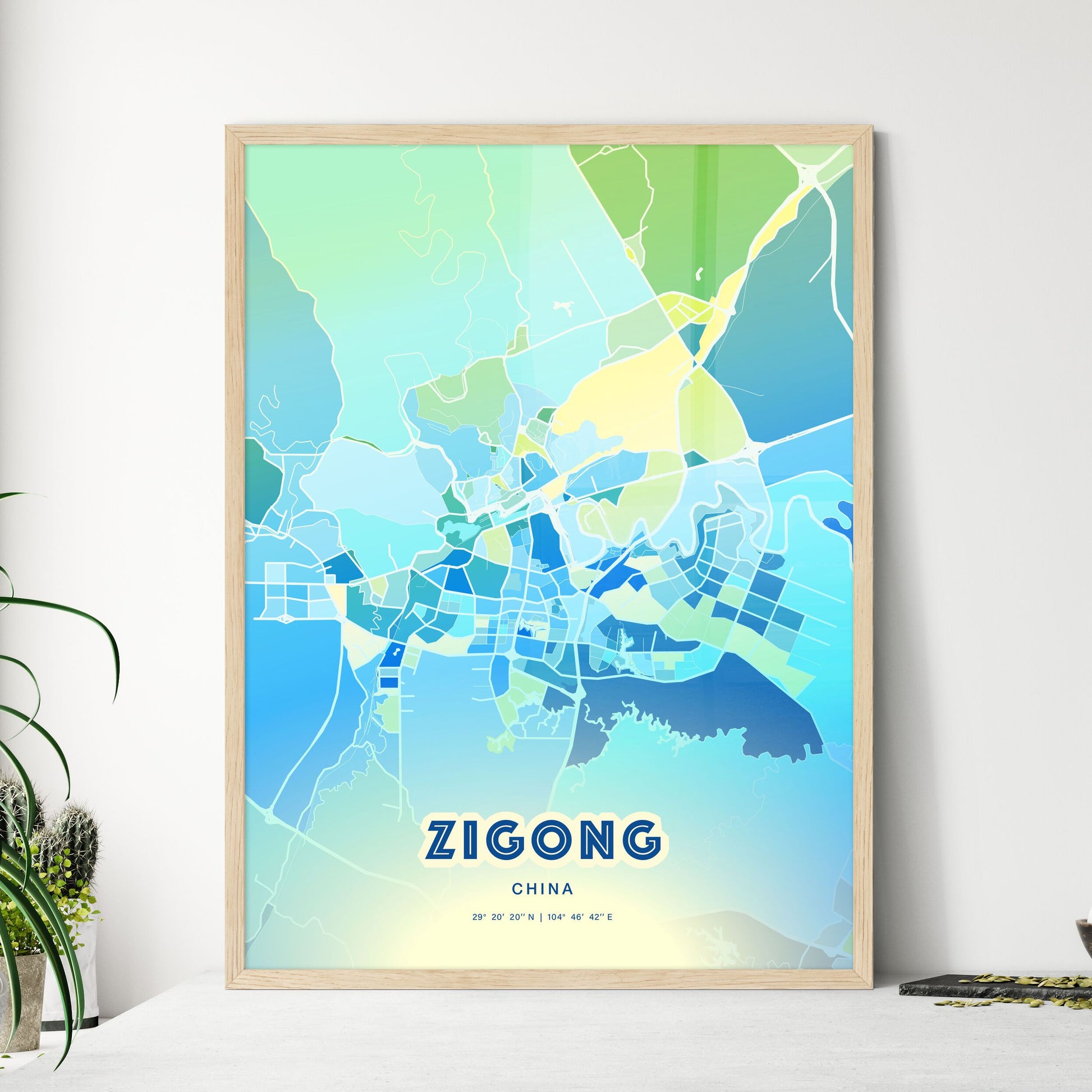 Colorful ZIGONG CHINA Fine Art Map Cool Blue