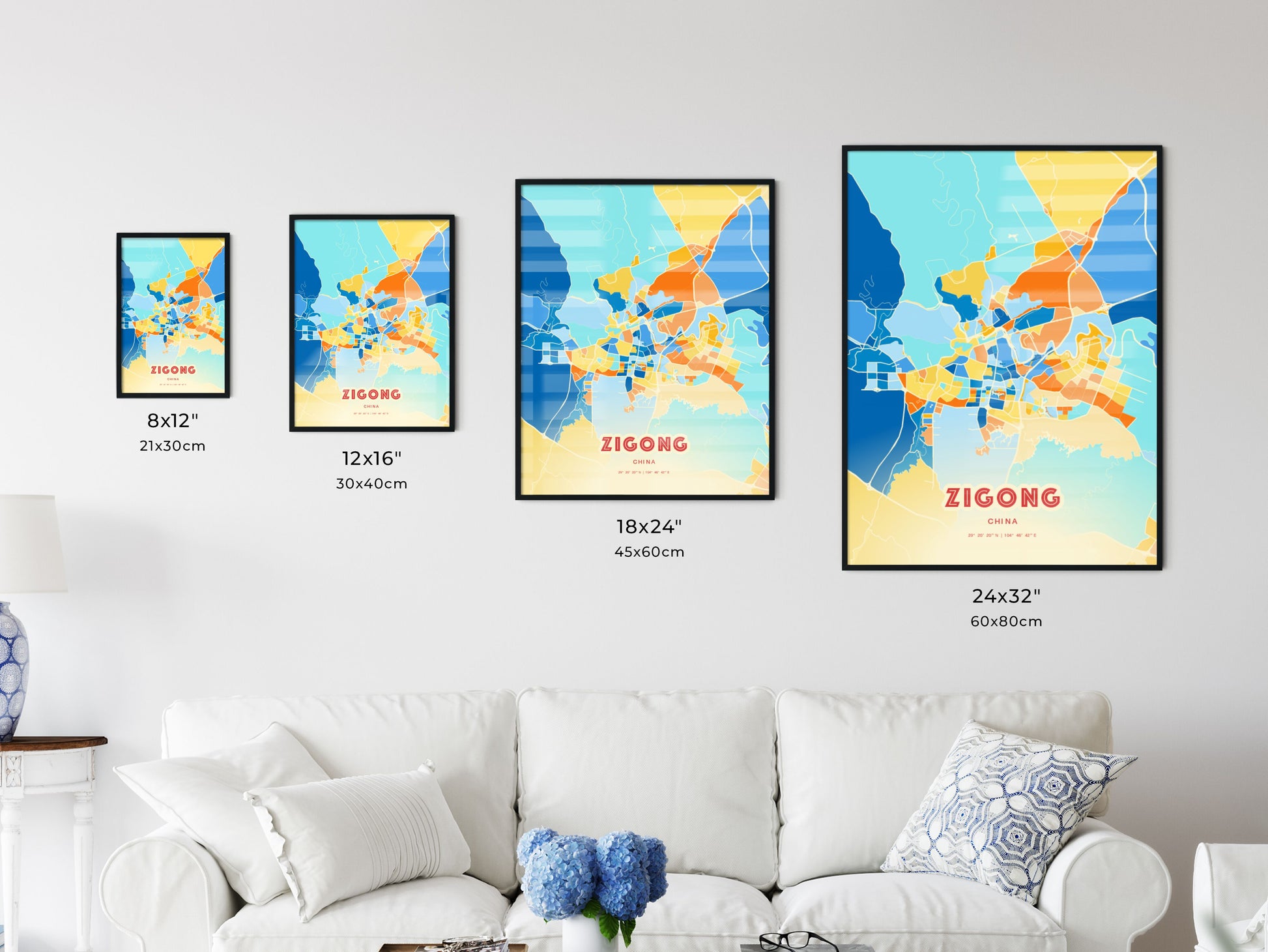 Colorful ZIGONG CHINA Fine Art Map Blue Orange