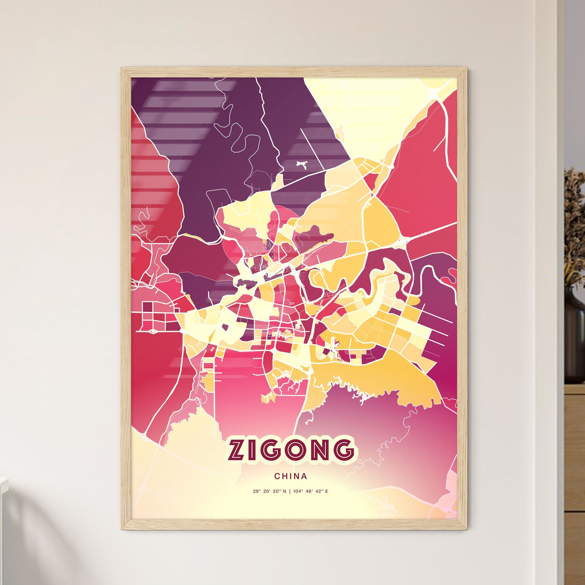 Colorful ZIGONG CHINA Fine Art Map Hot Red