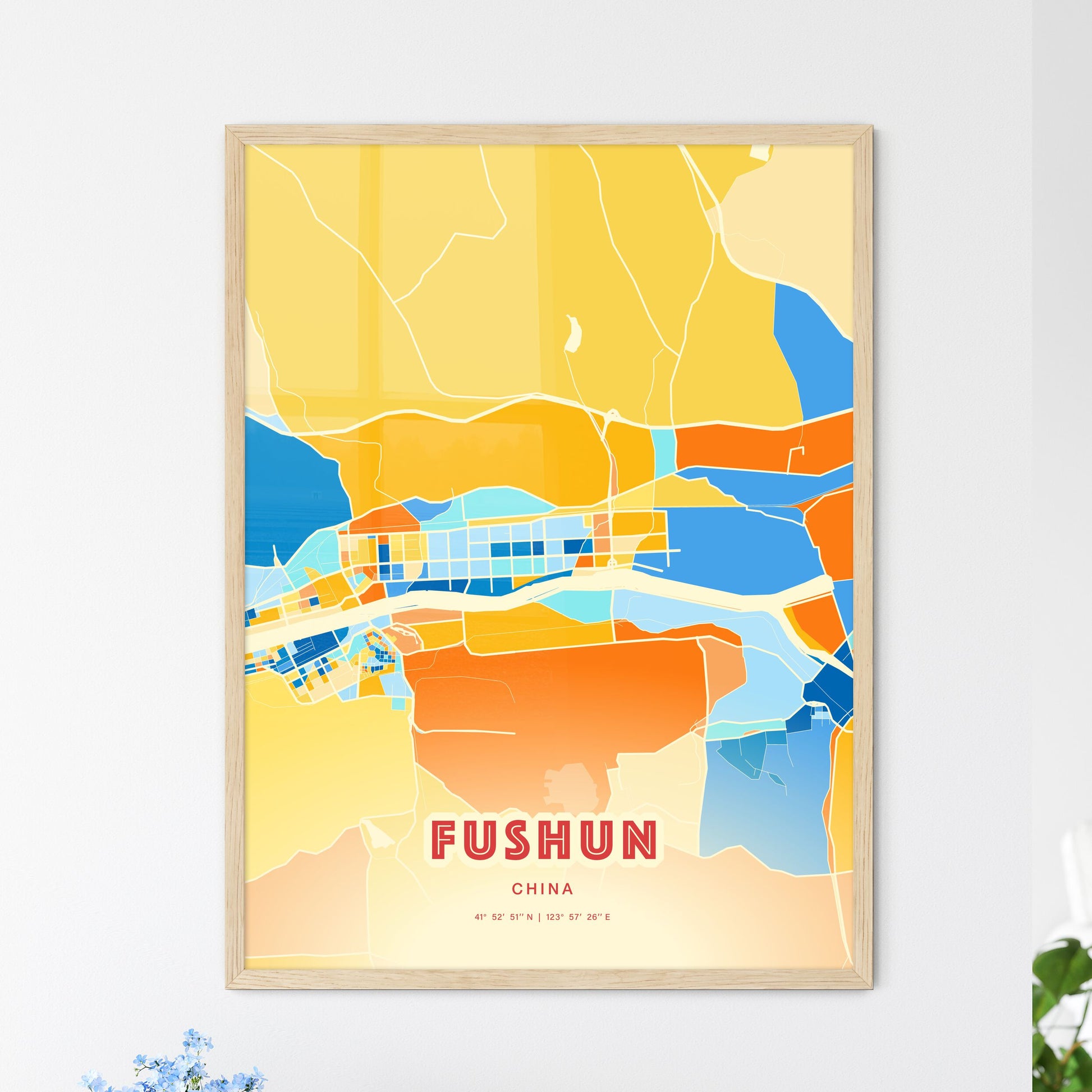 Colorful FUSHUN CHINA Fine Art Map Blue Orange