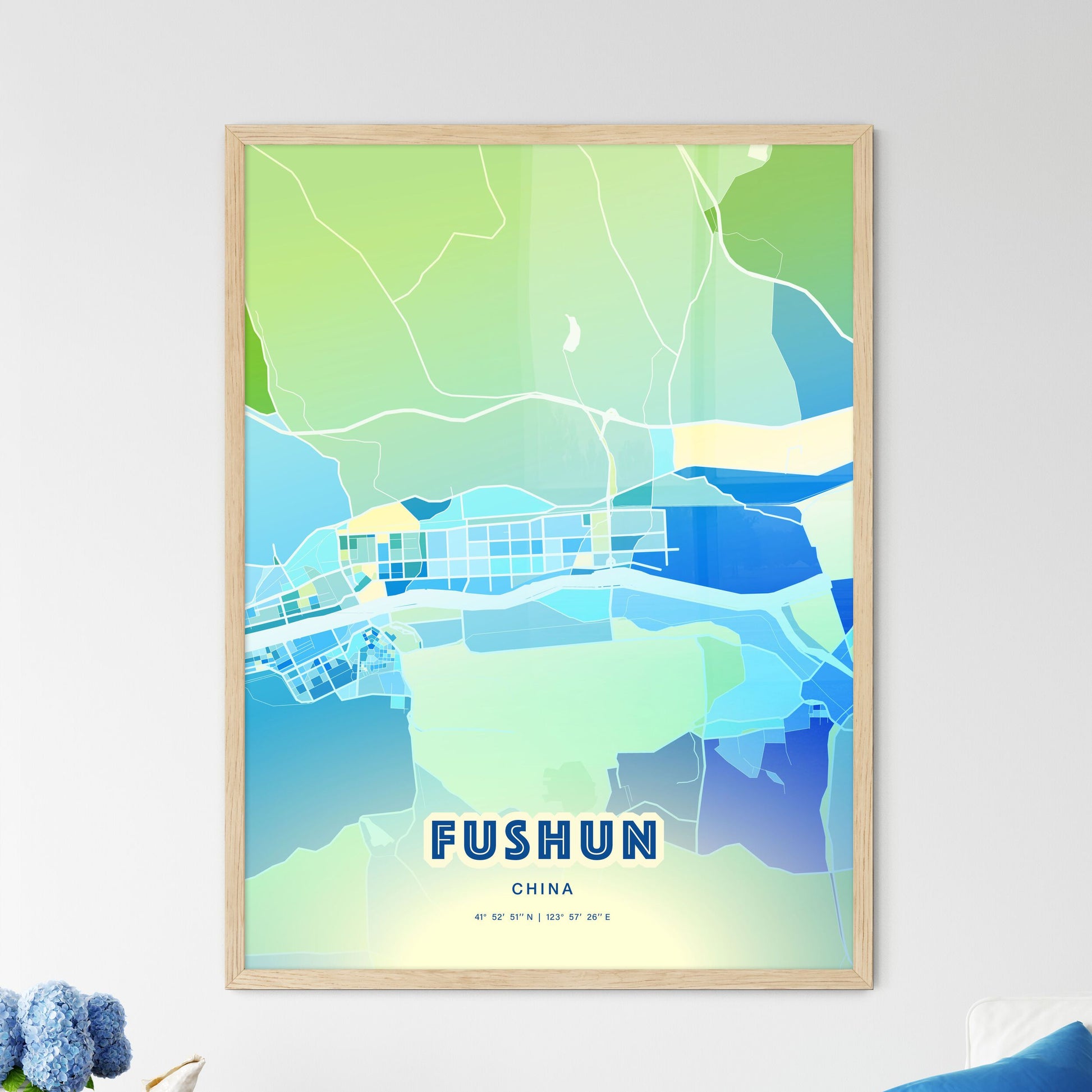 Colorful FUSHUN CHINA Fine Art Map Cool Blue