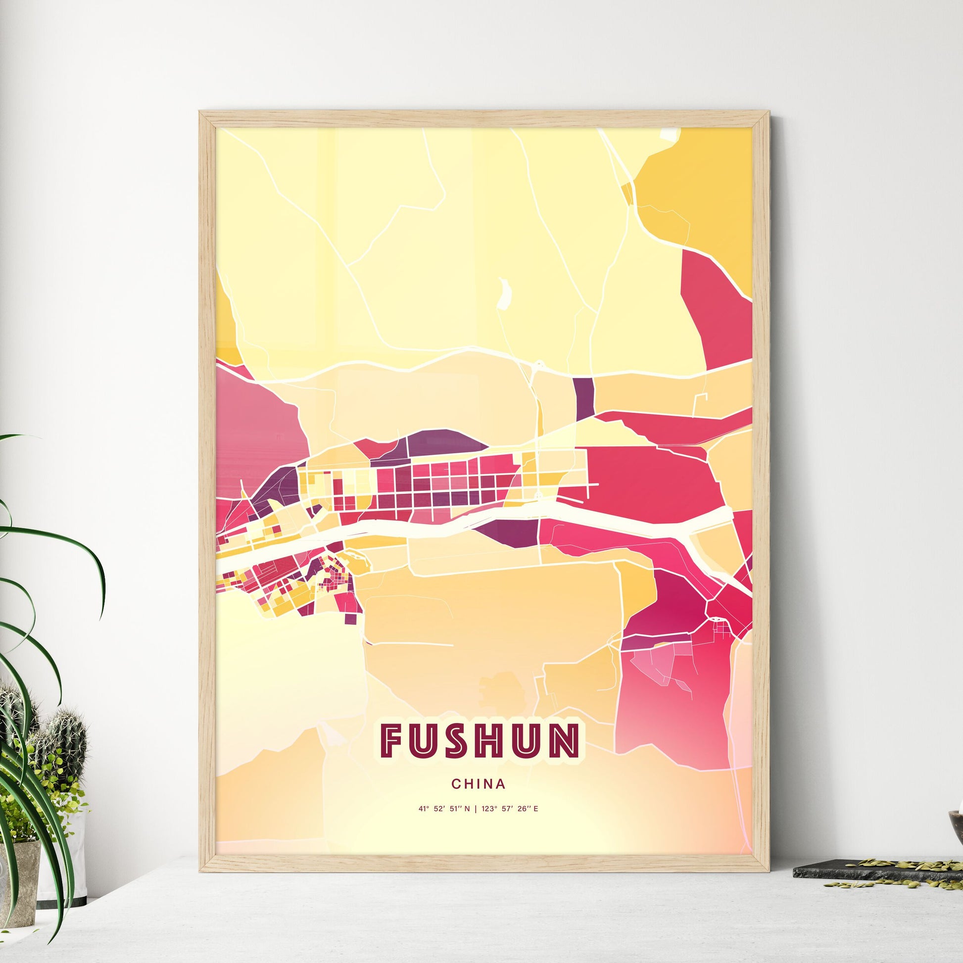 Colorful FUSHUN CHINA Fine Art Map Hot Red