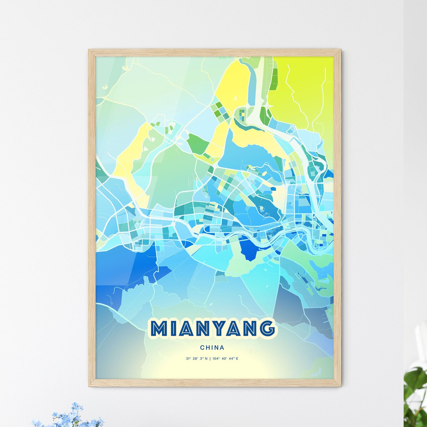 Colorful MIANYANG CHINA Fine Art Map Cool Blue