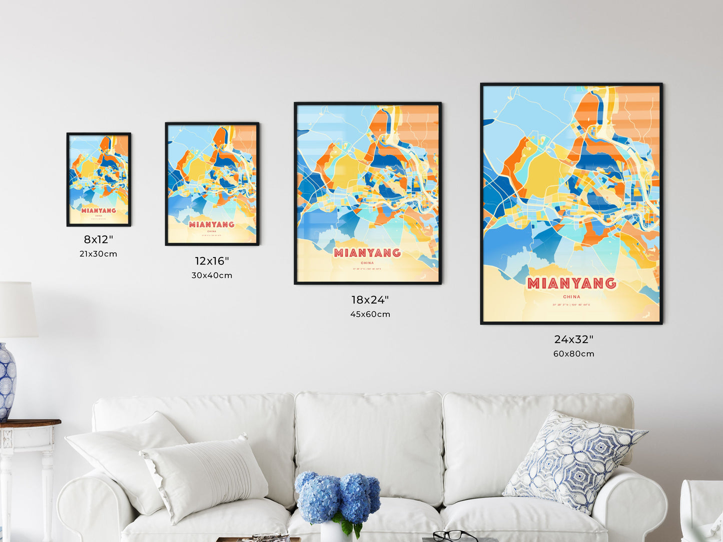 Colorful MIANYANG CHINA Fine Art Map Blue Orange