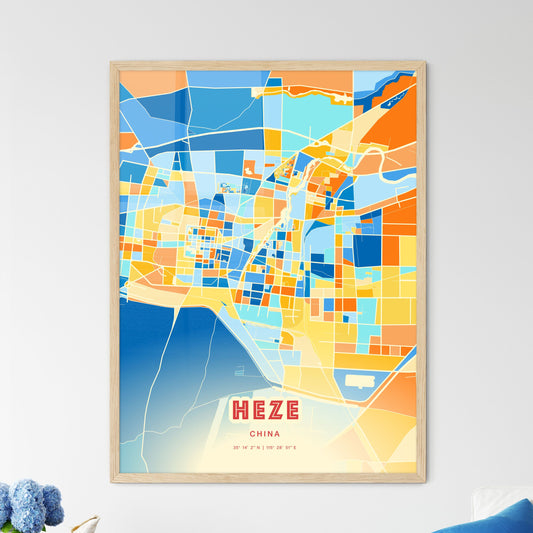 Colorful HEZE CHINA Fine Art Map Blue Orange