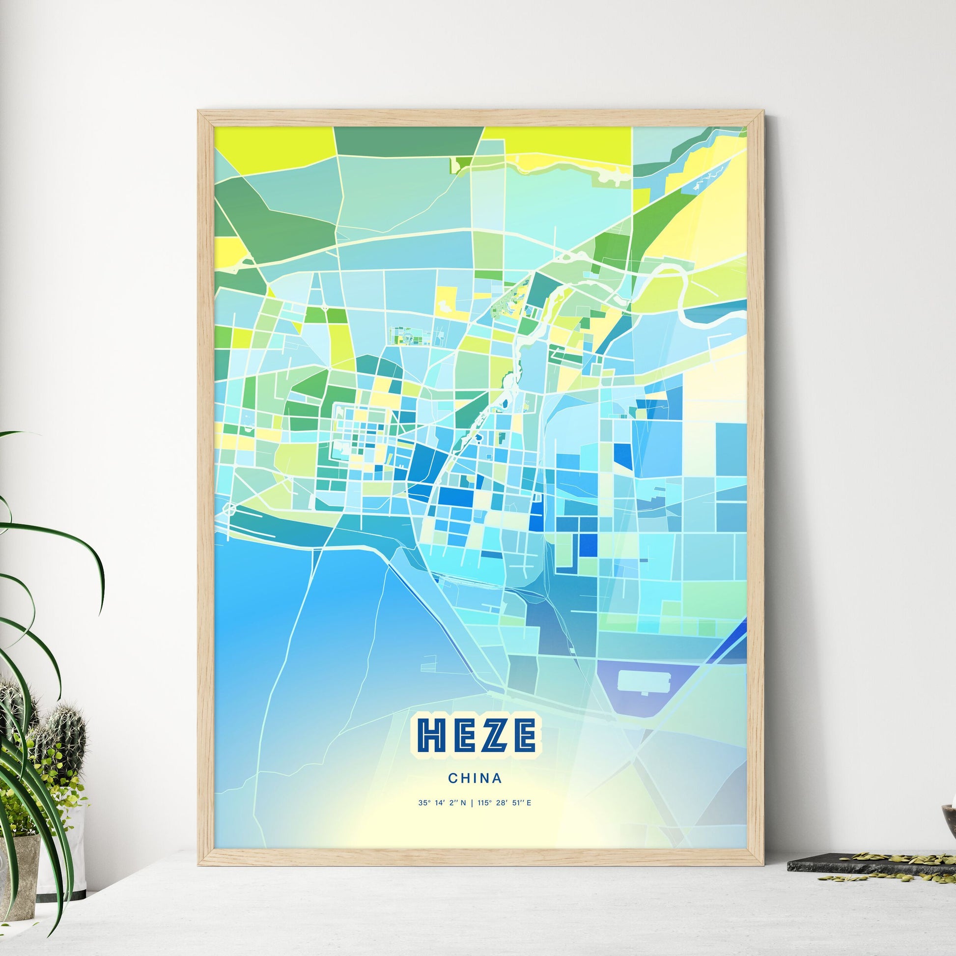 Colorful HEZE CHINA Fine Art Map Cool Blue