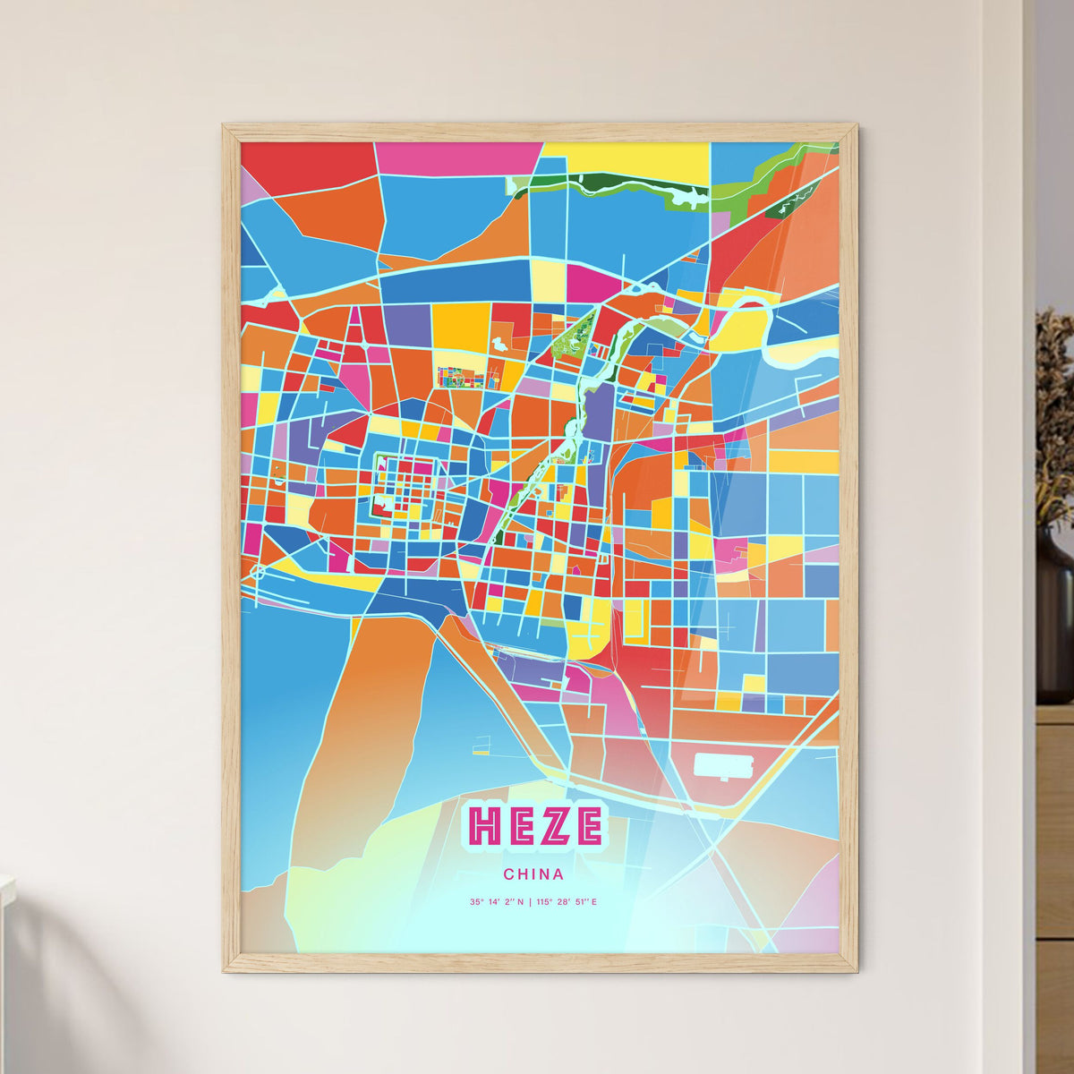 Colorful HEZE CHINA Fine Art Map Crazy Colors