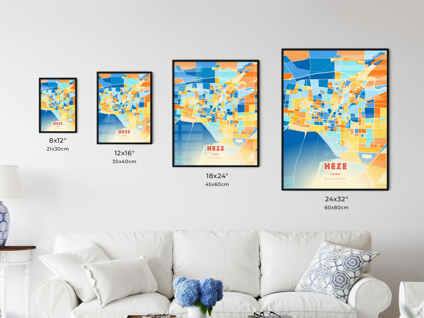 Colorful HEZE CHINA Fine Art Map Blue Orange