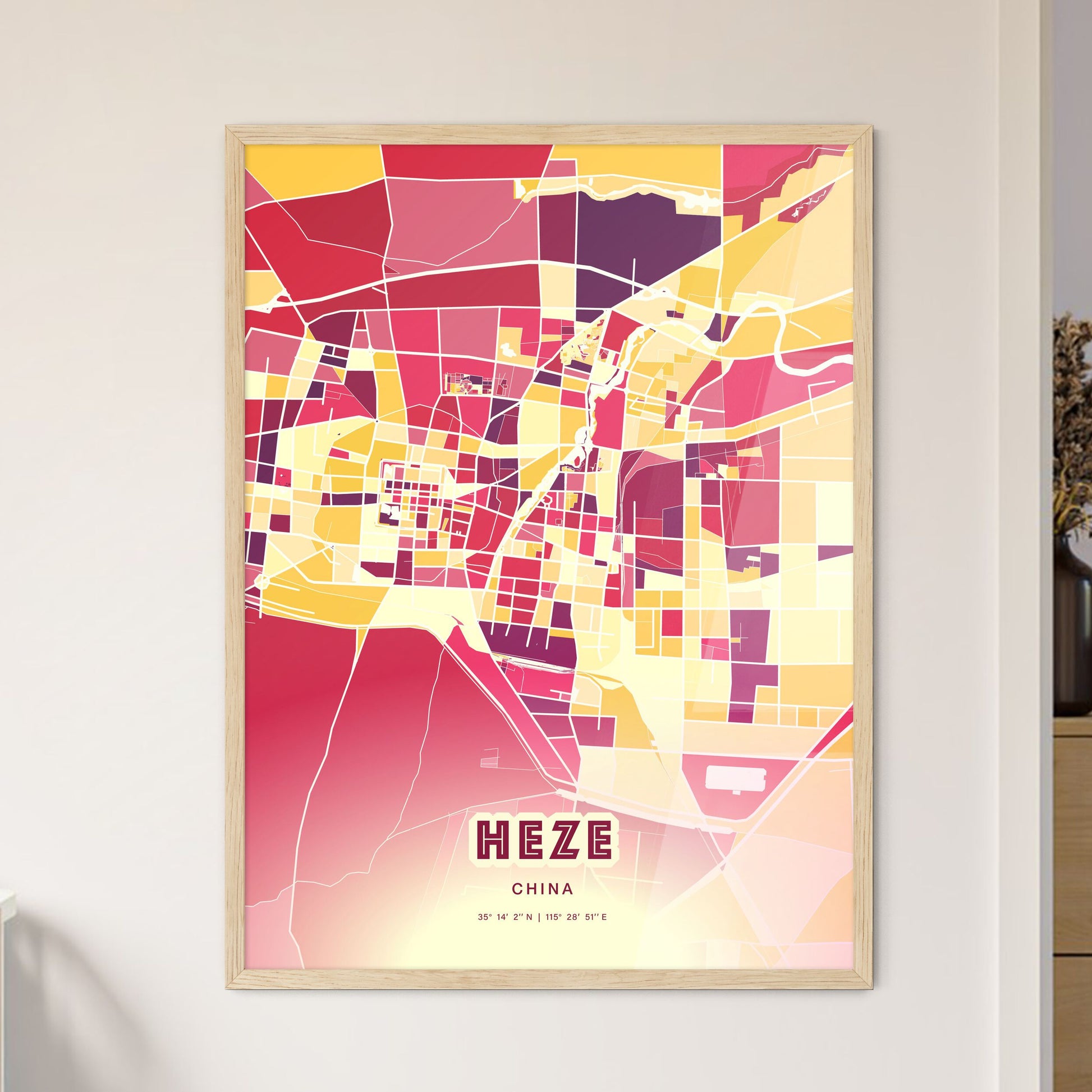 Colorful HEZE CHINA Fine Art Map Hot Red