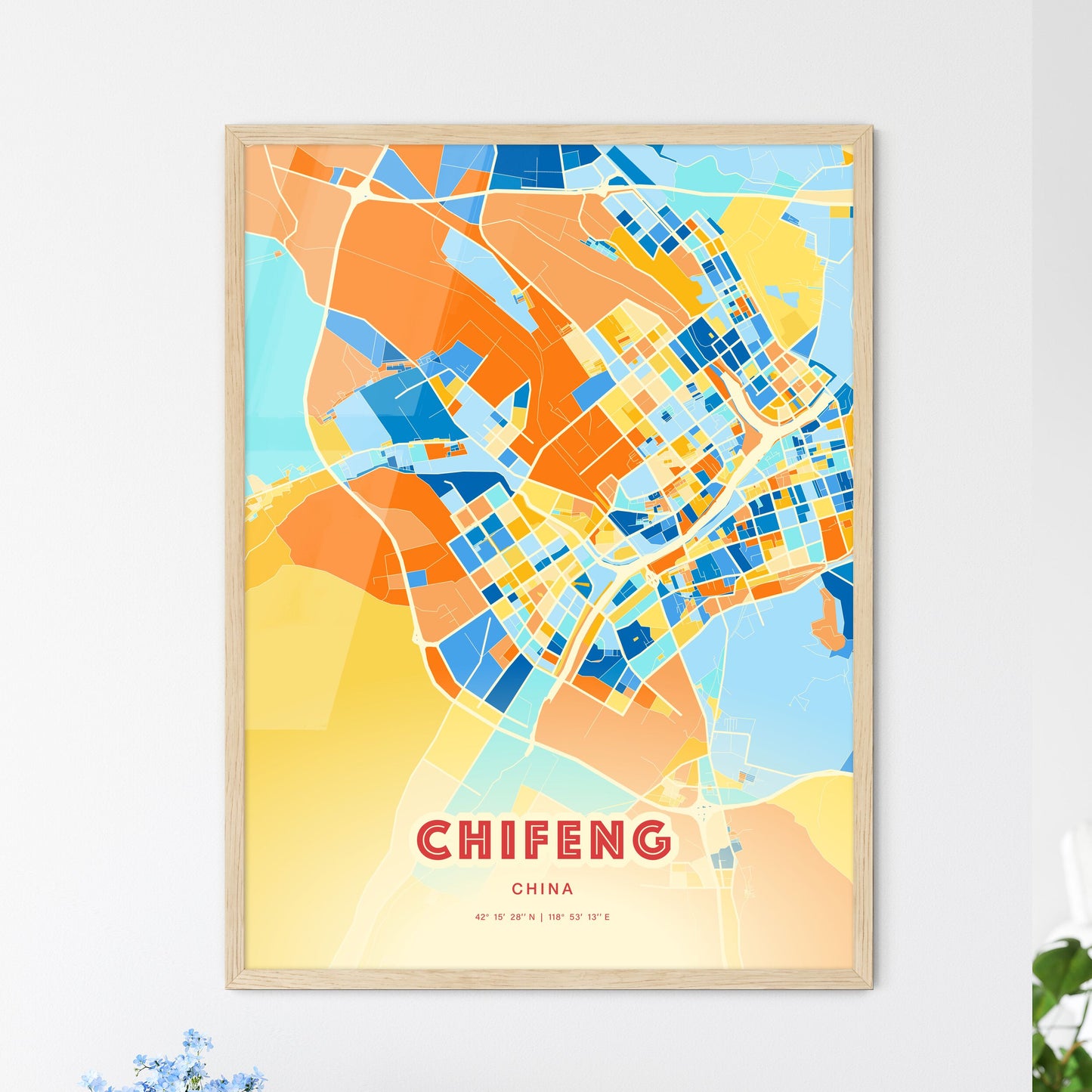 Colorful CHIFENG CHINA Fine Art Map Blue Orange