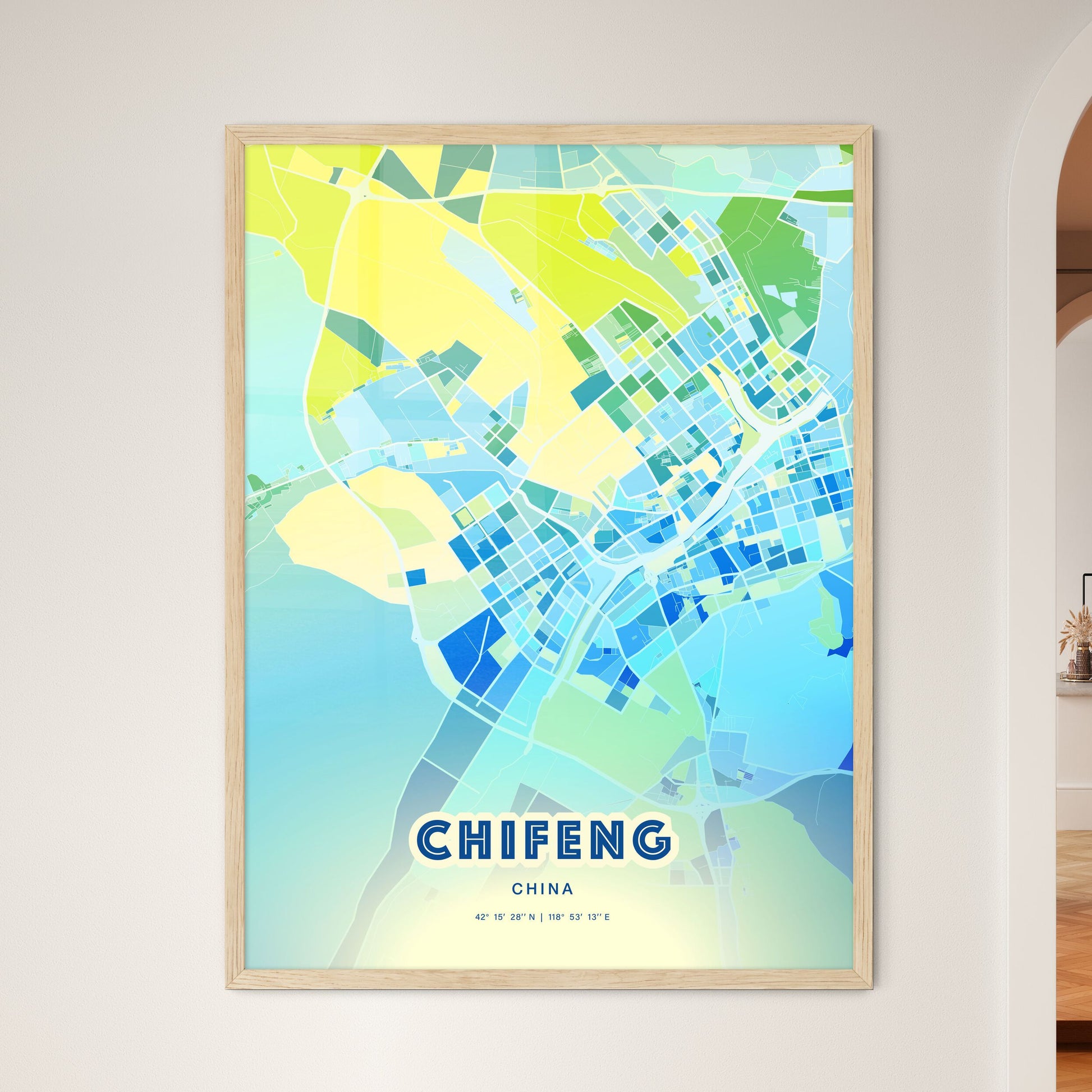 Colorful CHIFENG CHINA Fine Art Map Cool Blue