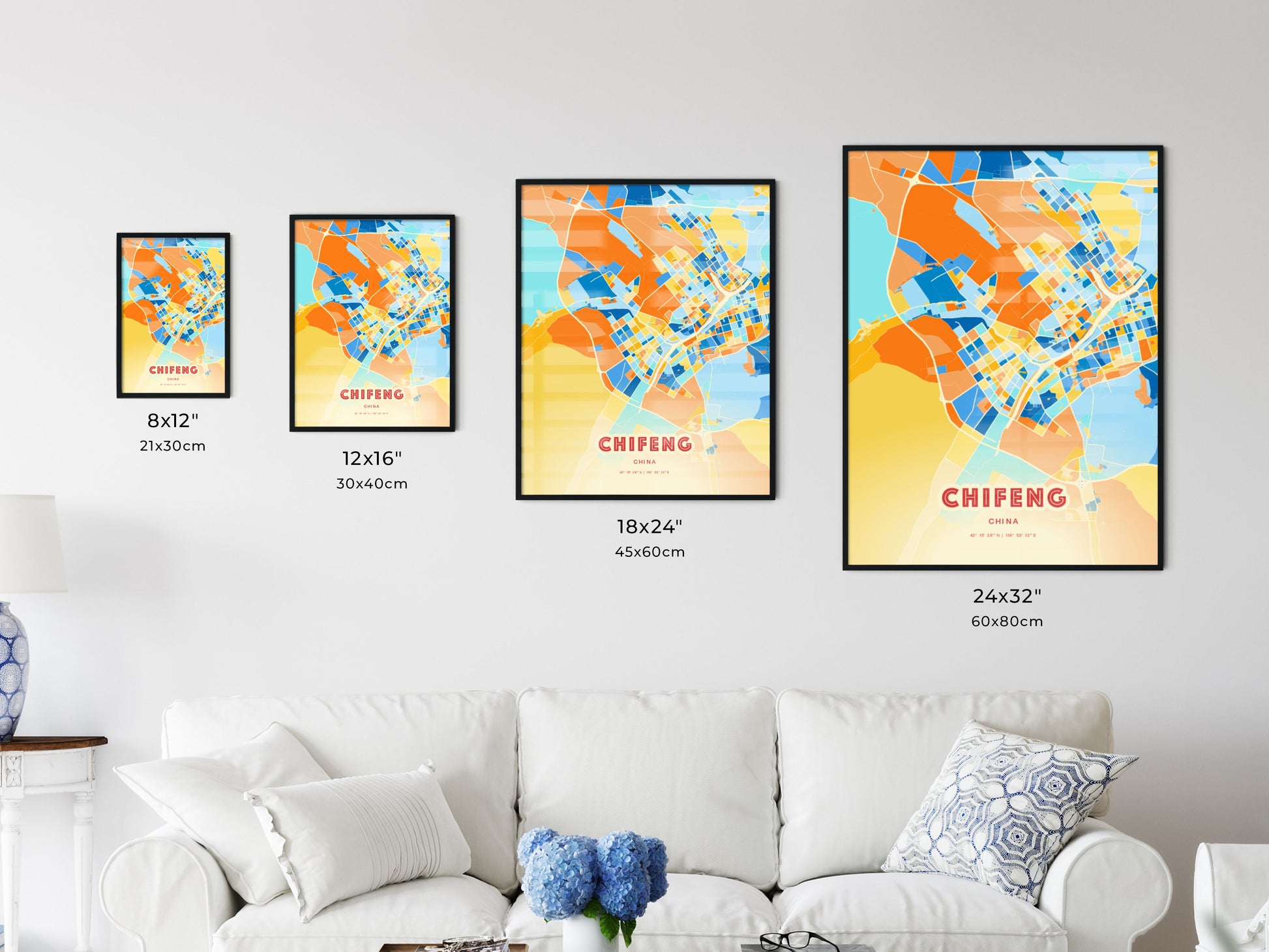 Colorful CHIFENG CHINA Fine Art Map Blue Orange