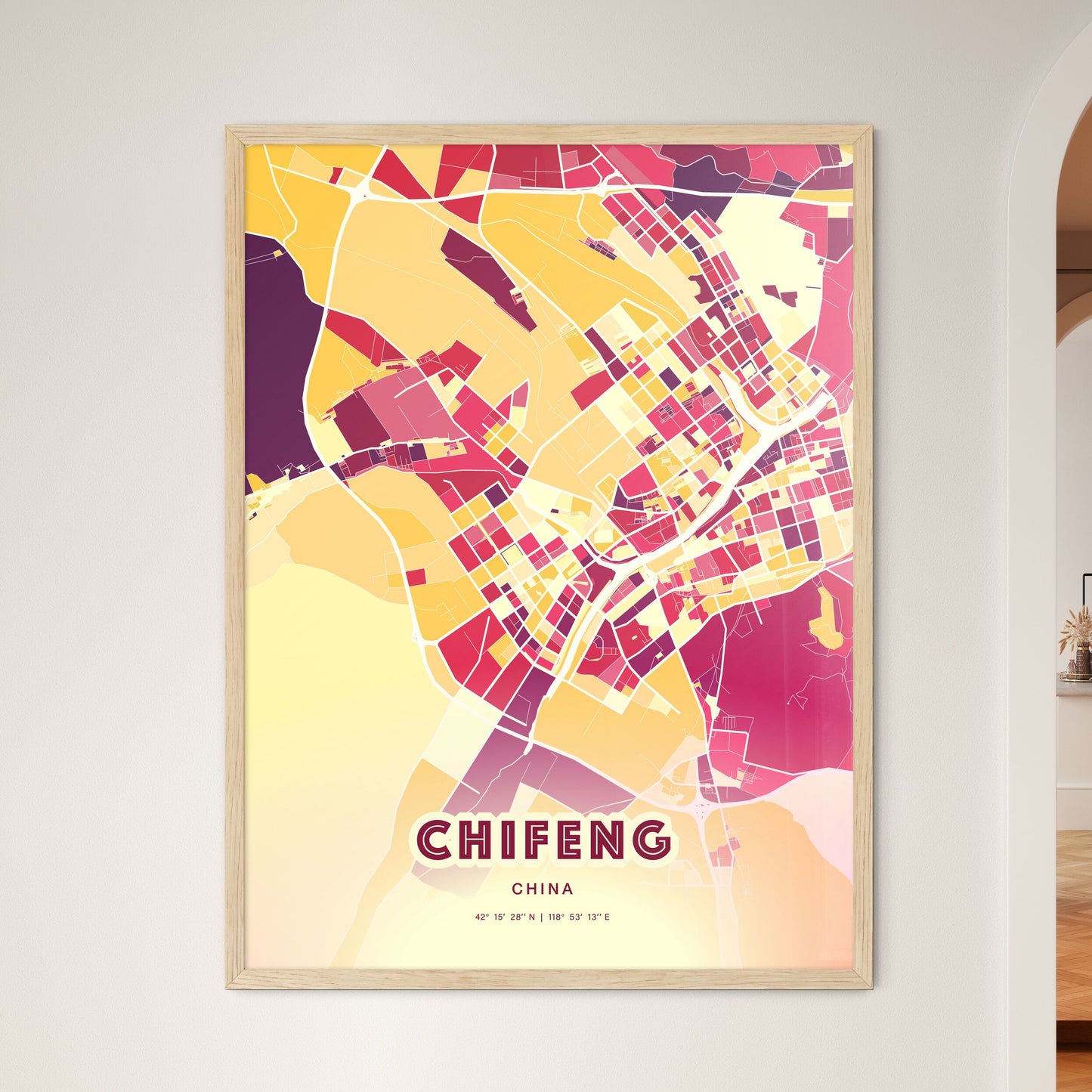 Colorful CHIFENG CHINA Fine Art Map Hot Red