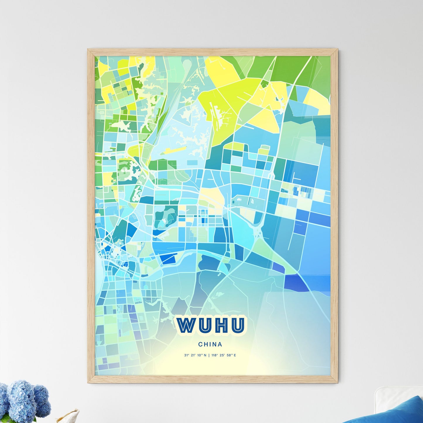 Colorful WUHU CHINA Fine Art Map Cool Blue