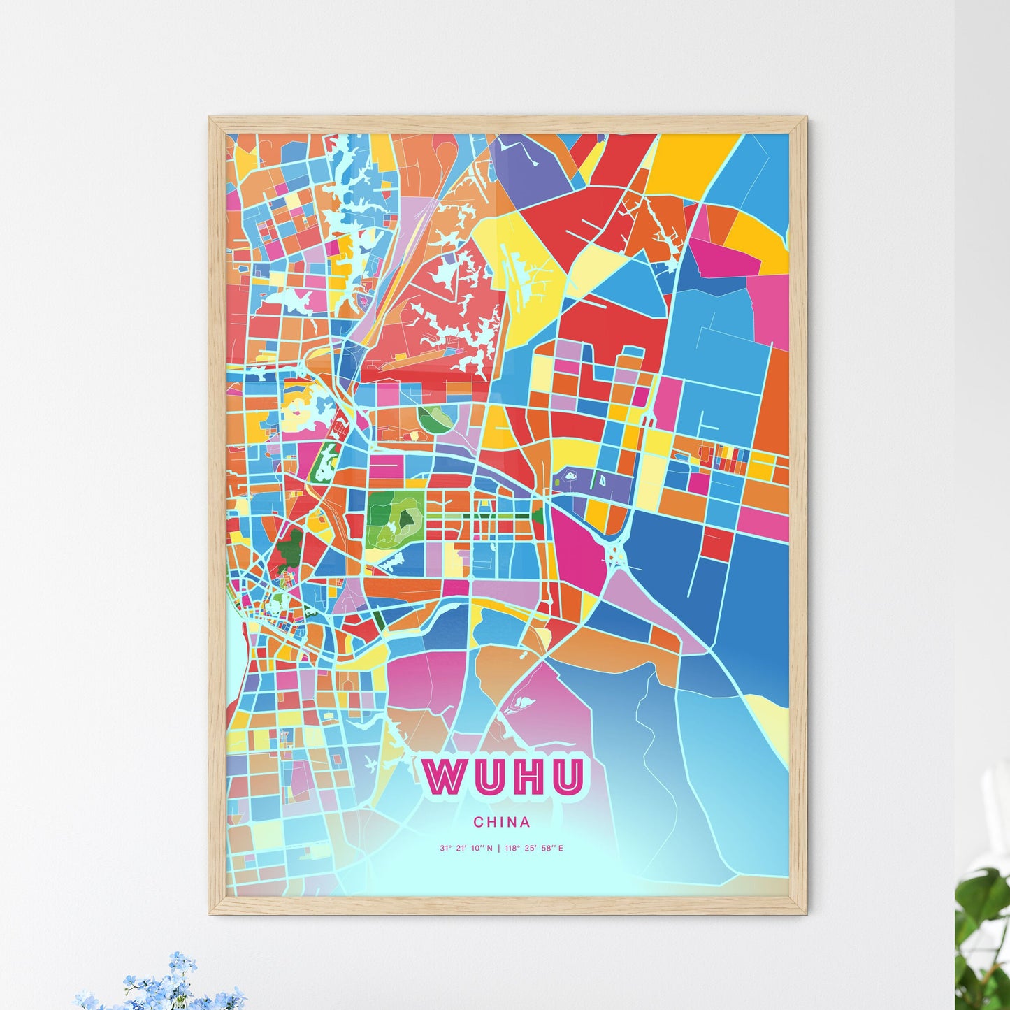 Colorful WUHU CHINA Fine Art Map Crazy Colors