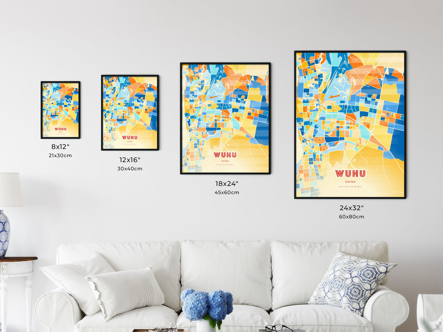 Colorful WUHU CHINA Fine Art Map Blue Orange